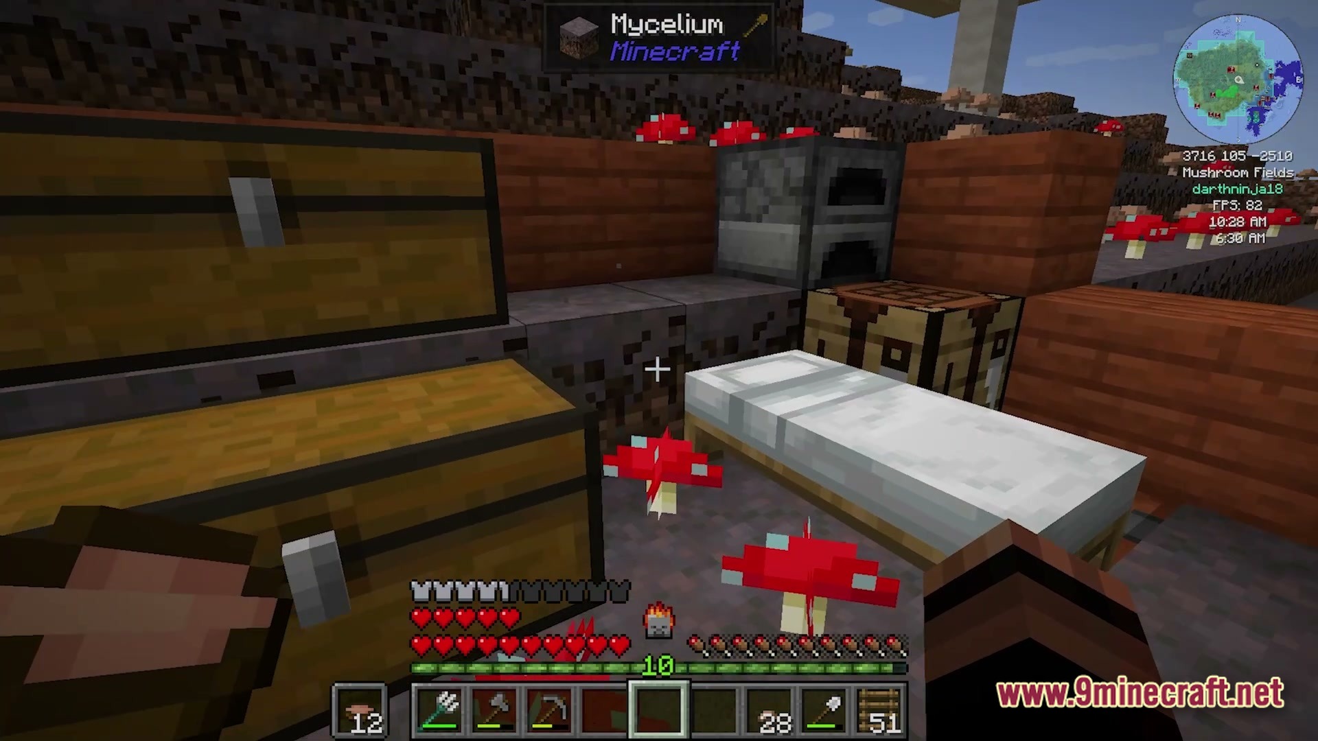 Create Forge Frontier Modpack Screenshot 6 A small base with chests, a furnace, and a bed located within a mushroom fields biome