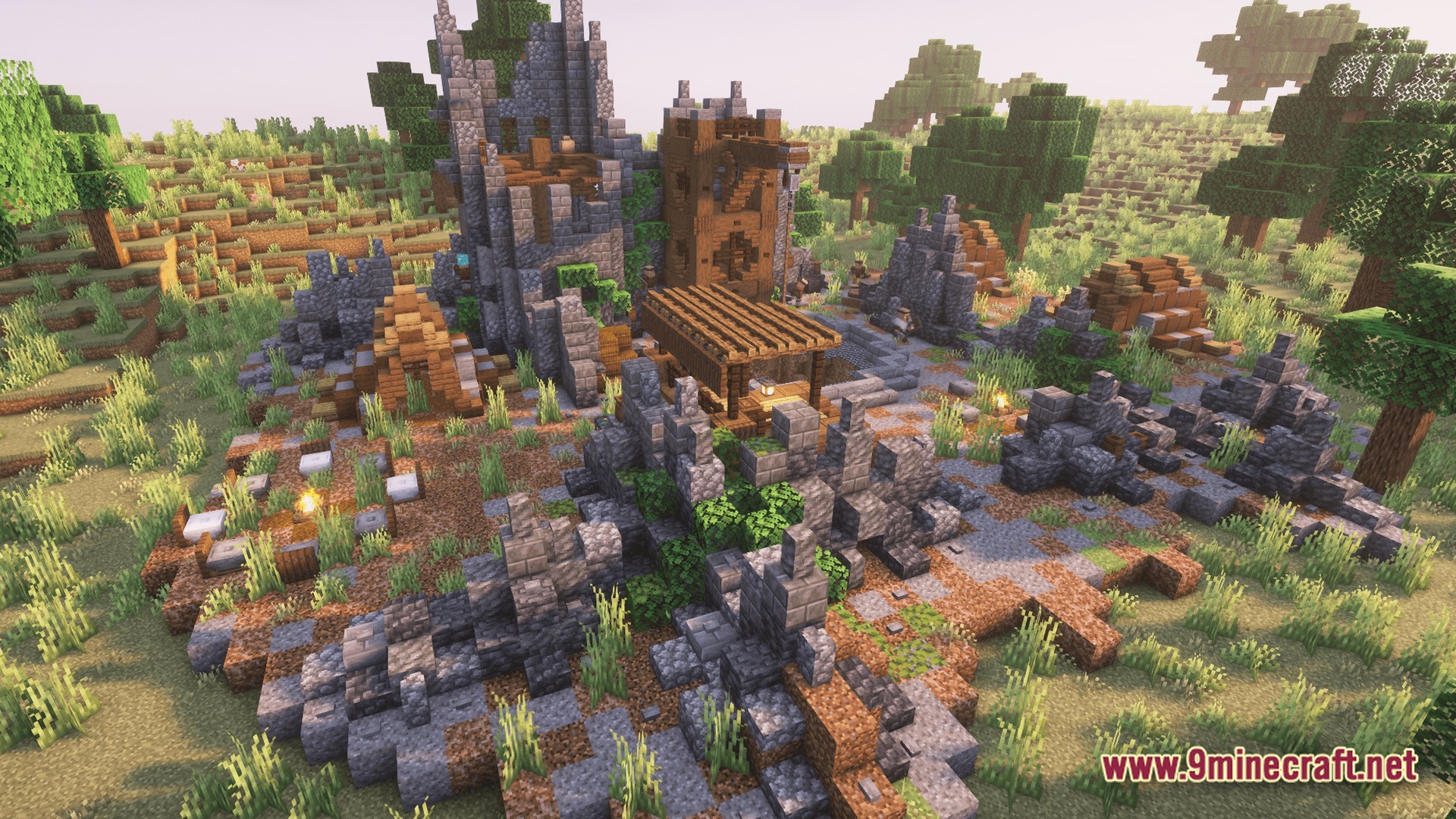 Create Forge Frontier Modpack Screenshot 7 A stone and wood ruin site featuring a central tower and excavation area in a plains biome