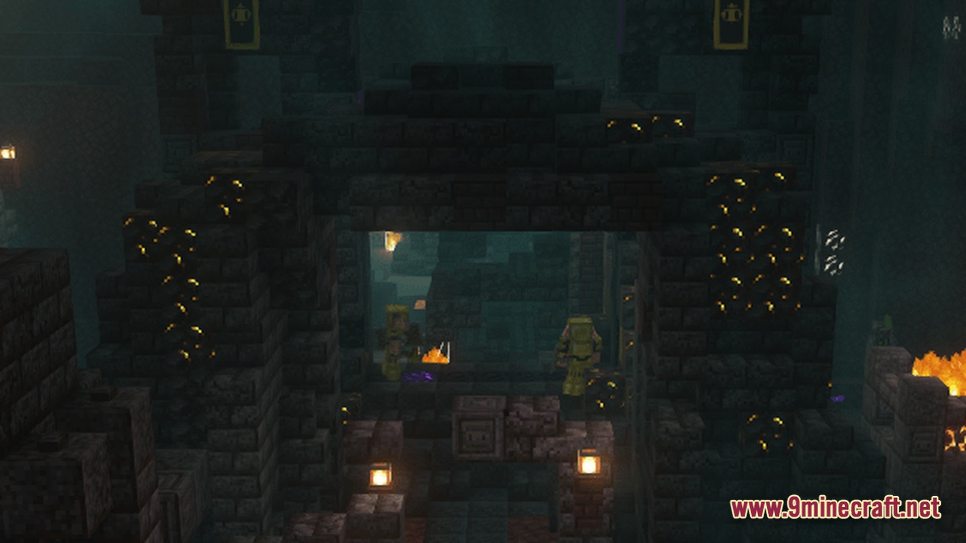 Create Forge Frontier Modpack Screenshot 9 Two players in gold armor explore a dark stone dungeon filled with glowing gold ore