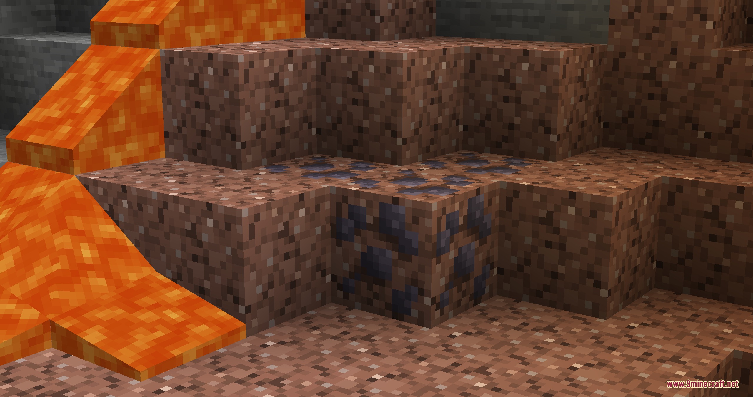 Create Geology Mod Screenshot 4 Mineral ore veins found inside granite blocks next to a flow of lava