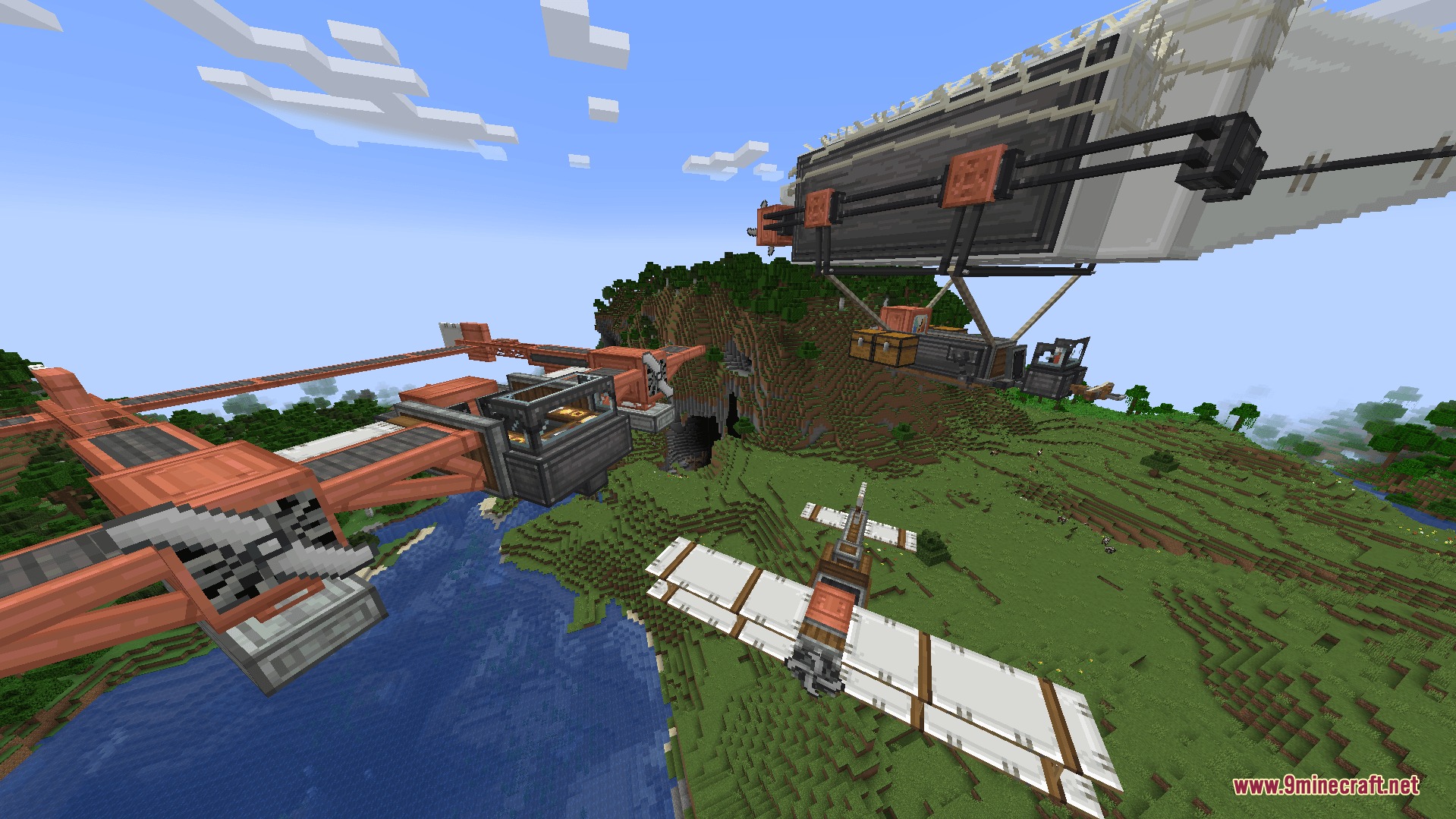 Create Immersive Aircrafts airship and biplane flying over a green valley