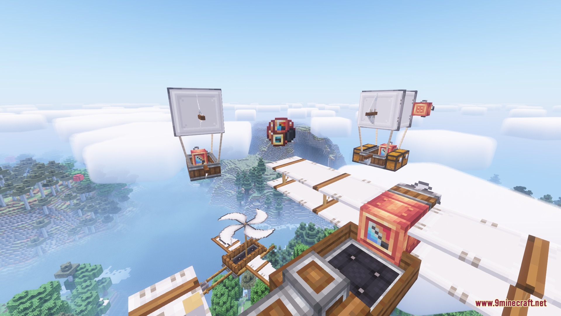 Flying a mechanical biplane over a forest with other aircraft in the sky