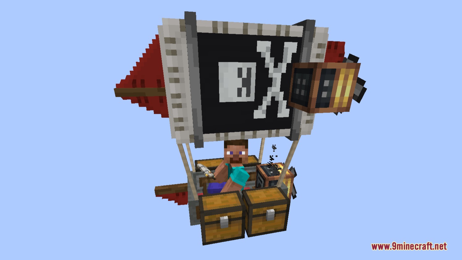 Steve sitting in a small airship with a pirate sail and chests