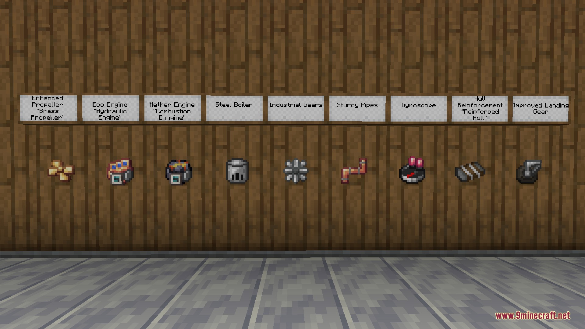 A row of mechanical aircraft parts and upgrades displayed on a wall