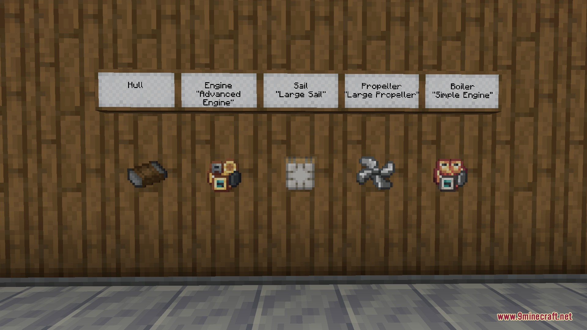 Basic aircraft construction components and engines shown on a dark wooden wall