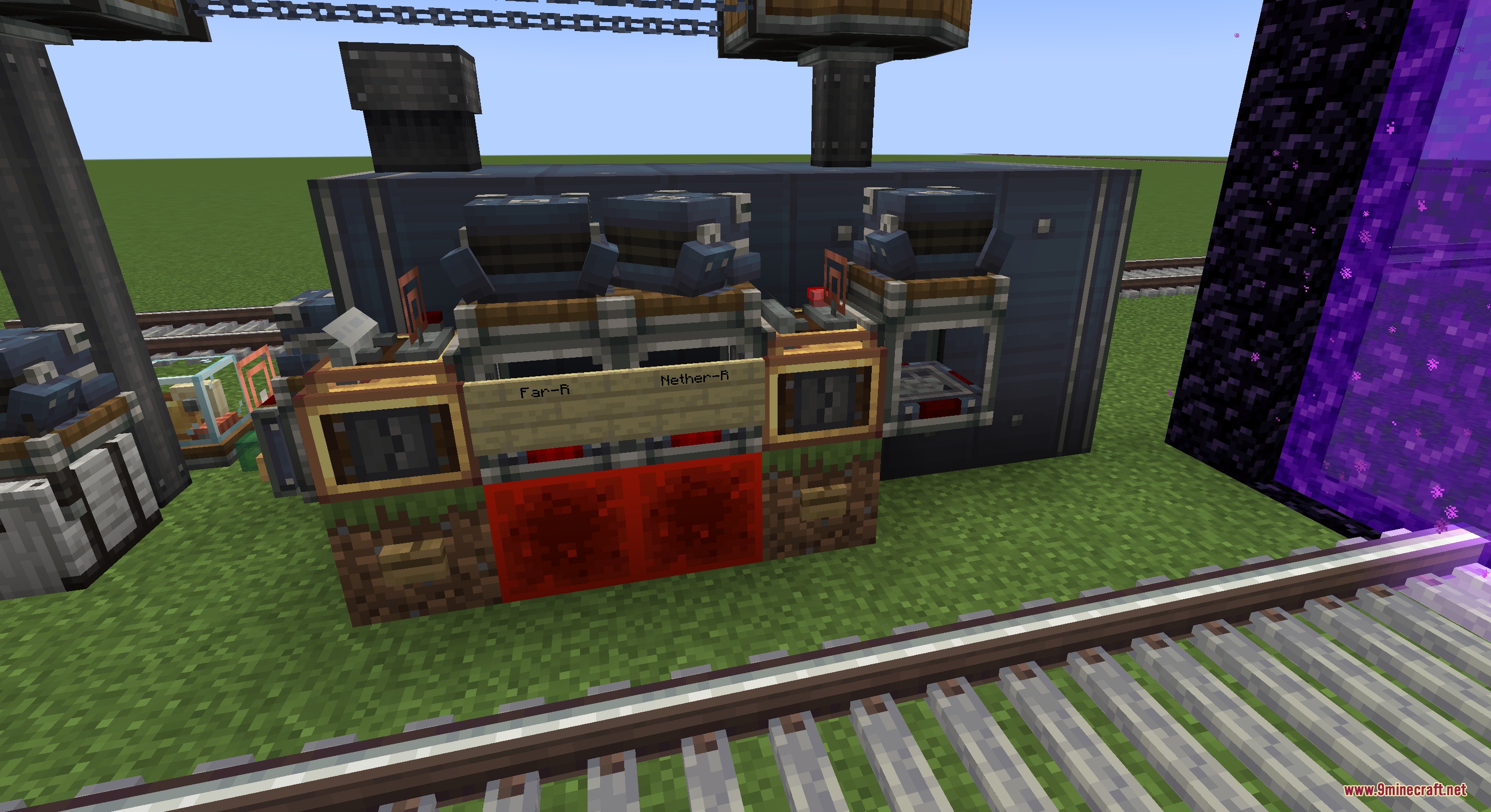 Create Meta Logistics Mod Screenshot 5 Logistics station setup with train tracks and a nether portal