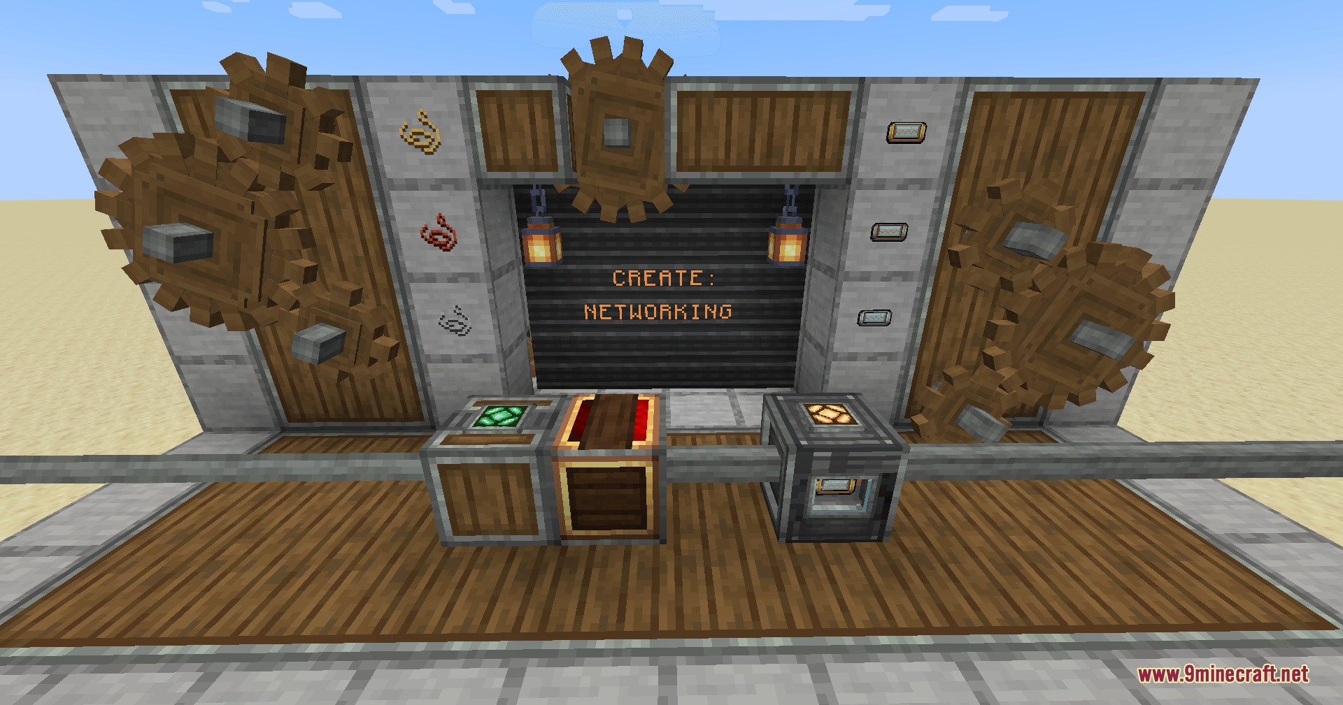 Create Networking Mod Screenshot 1 A decorative wall with wooden gears and a sign for Create Networking
