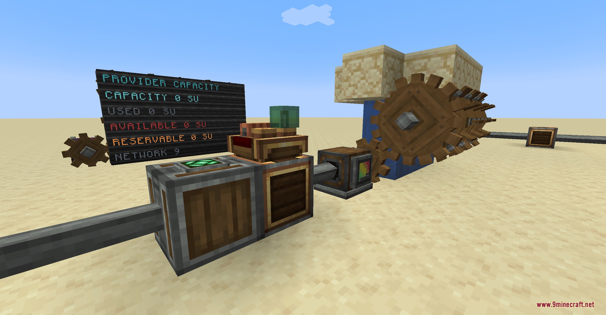 Create Networking Mod Screenshot 2 A display board showing power capacity next to mechanical gears and blocks