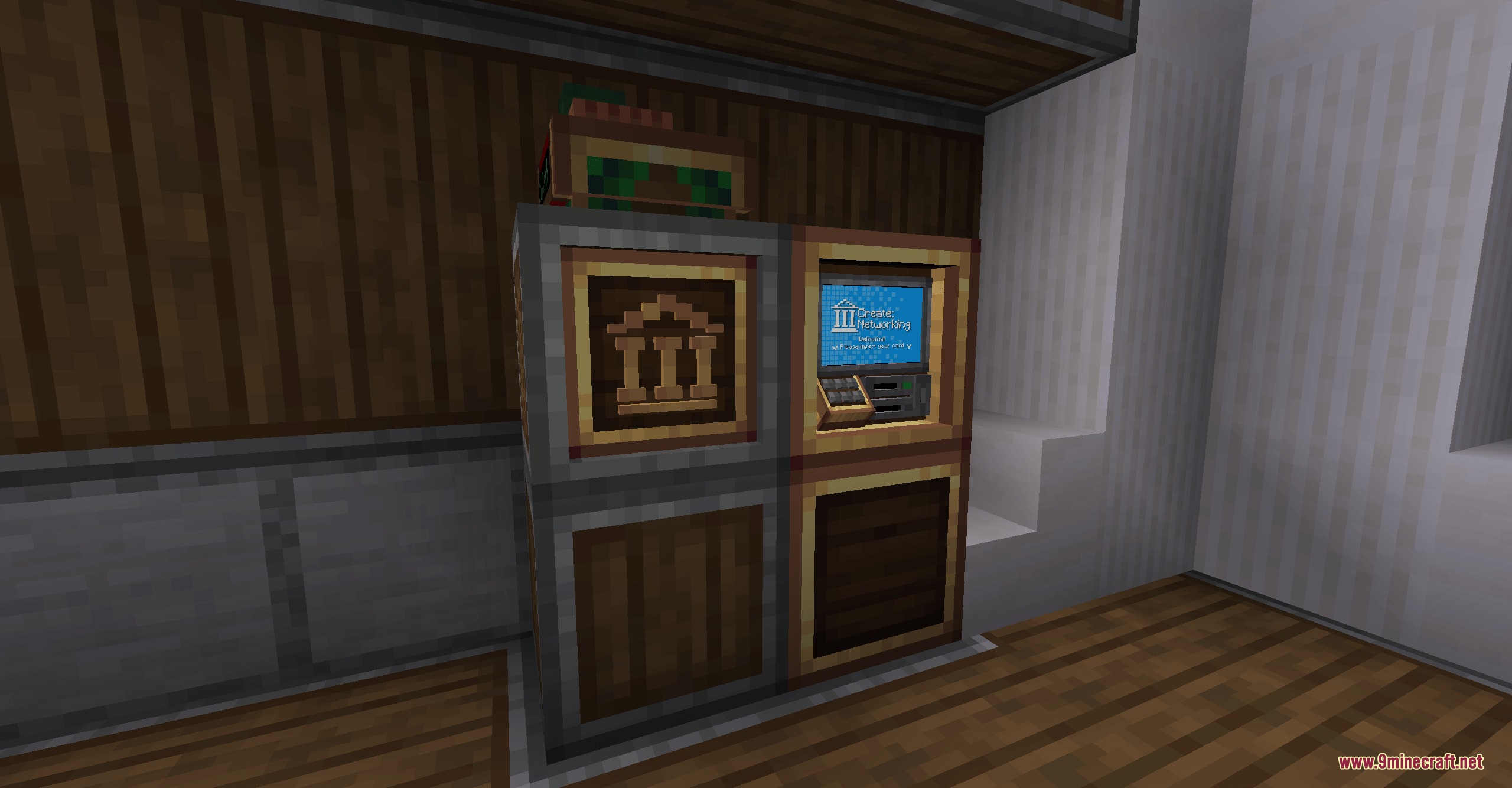 Create Networking Mod Screenshot 6 A custom ATM and banking terminal block setup inside a Minecraft building