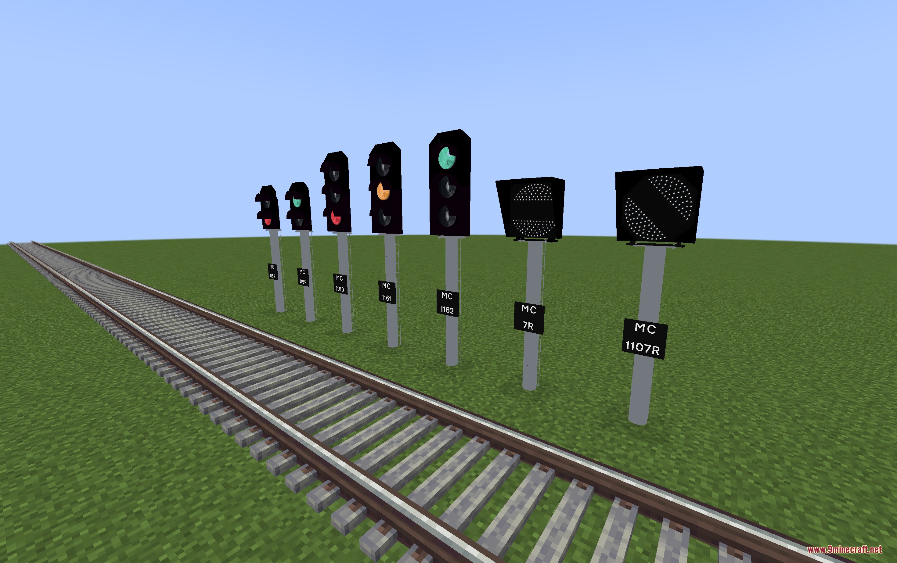 Create Realistic Railways Mod Screenshot 7 A row of different railway signals and nameplates beside a train track