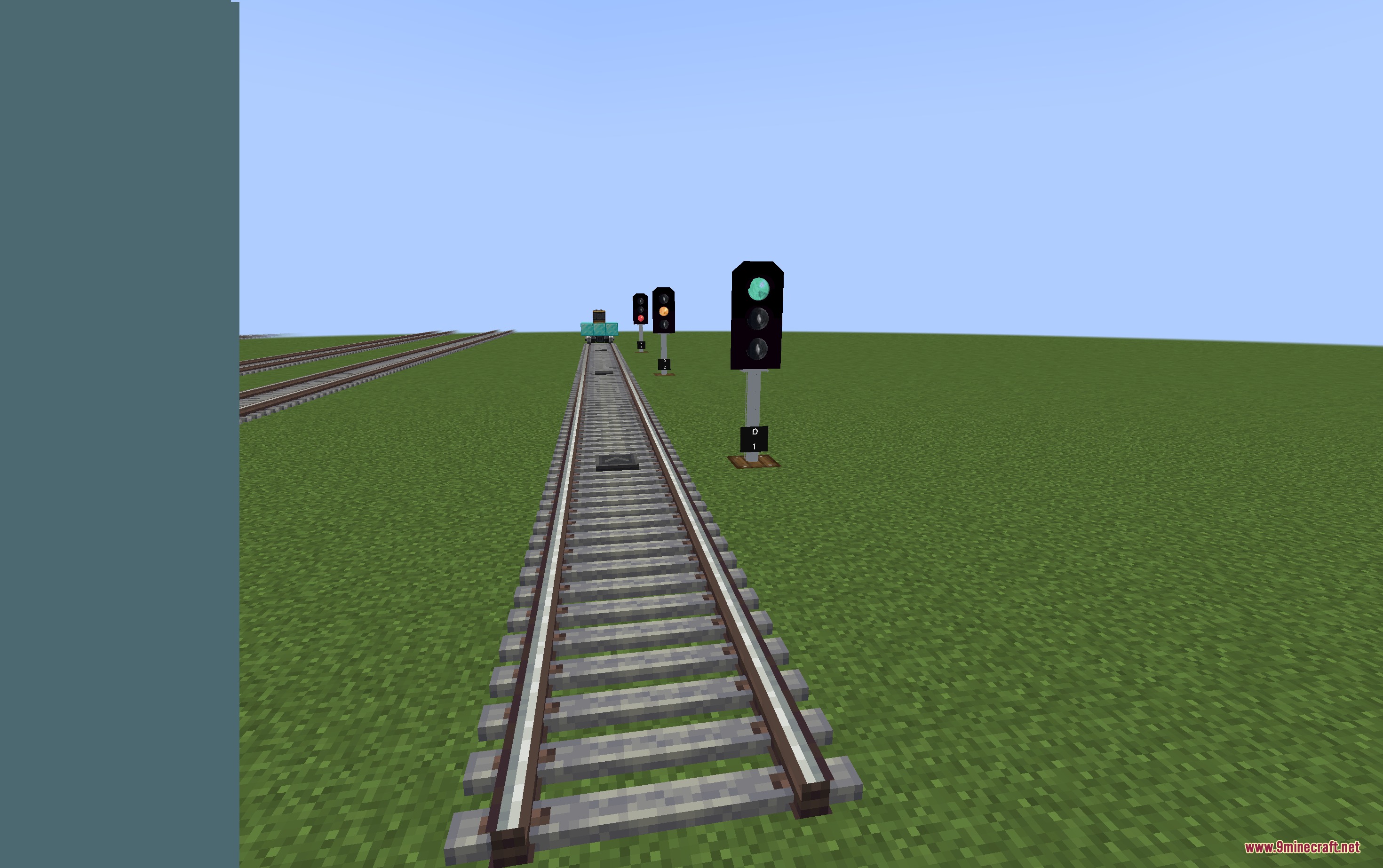 Create Realistic Railways Mod Screenshot 8 Railway signals with green lights placed along a straight train track