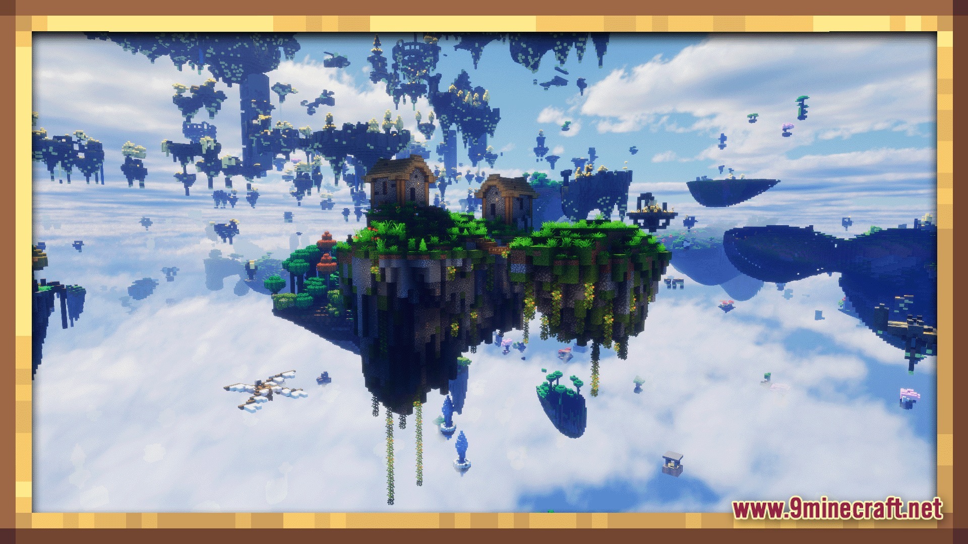 Create Sky Colonies Valkyrian Skies X Create 6.0 Modpack Screenshot 10 Small wooden houses sit atop a floating island surrounded by numerous distant sky landmasses and clouds