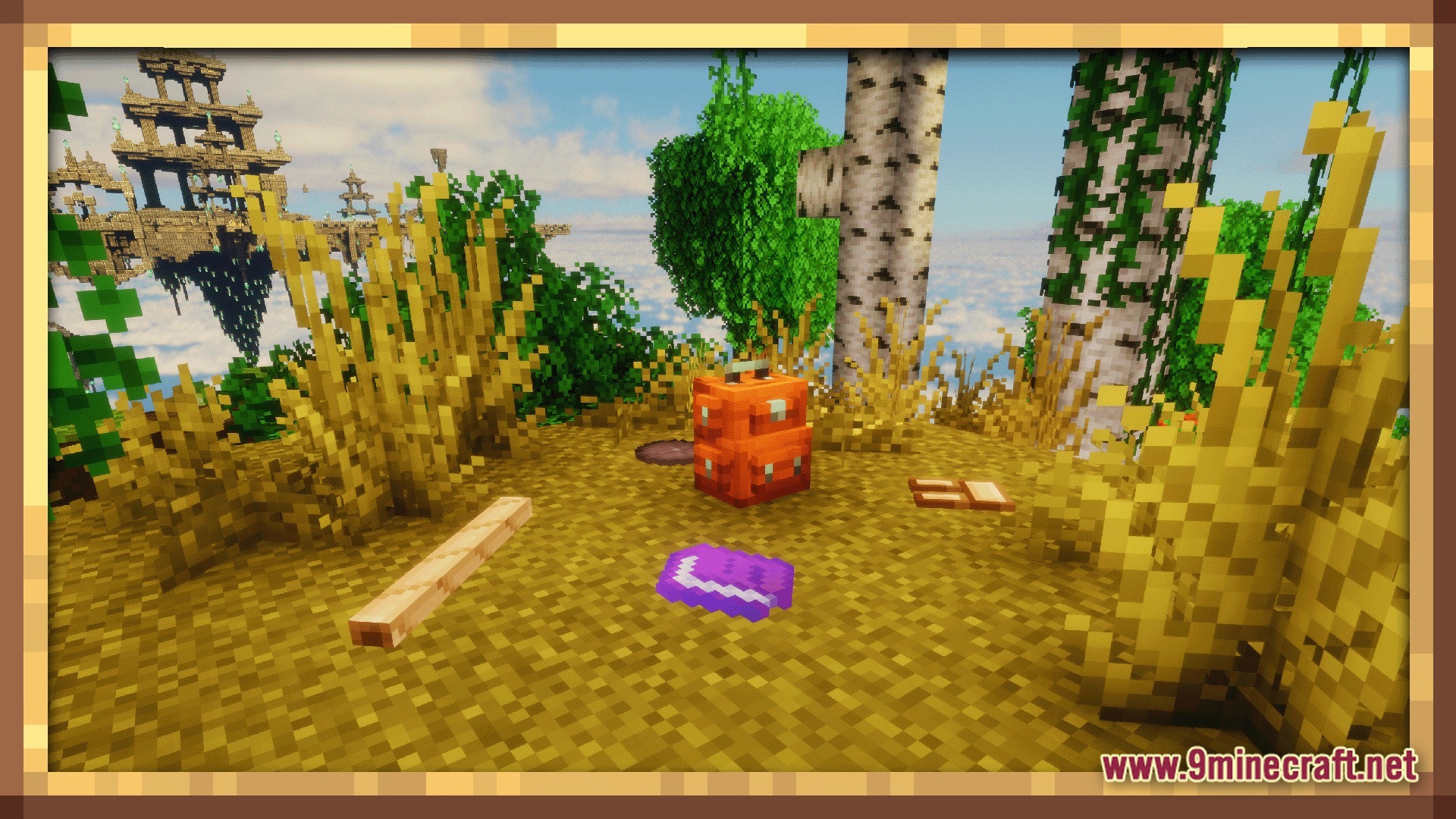 Create Sky Colonies Valkyrian Skies X Create 6.0 Modpack Screenshot 9 An orange backpack and various items sit on a floating island overlooking a distant sky fortress