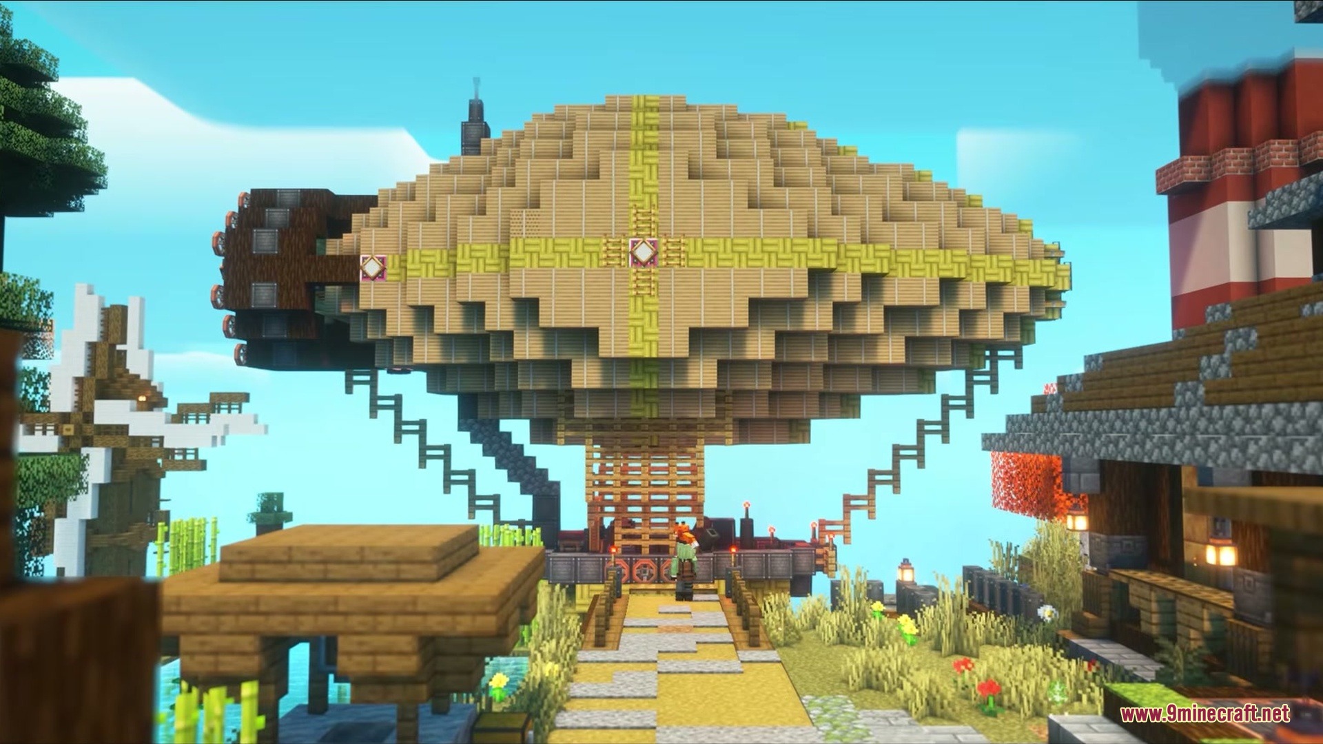 A large wooden airship docked at a floating village settlement in Minecraft