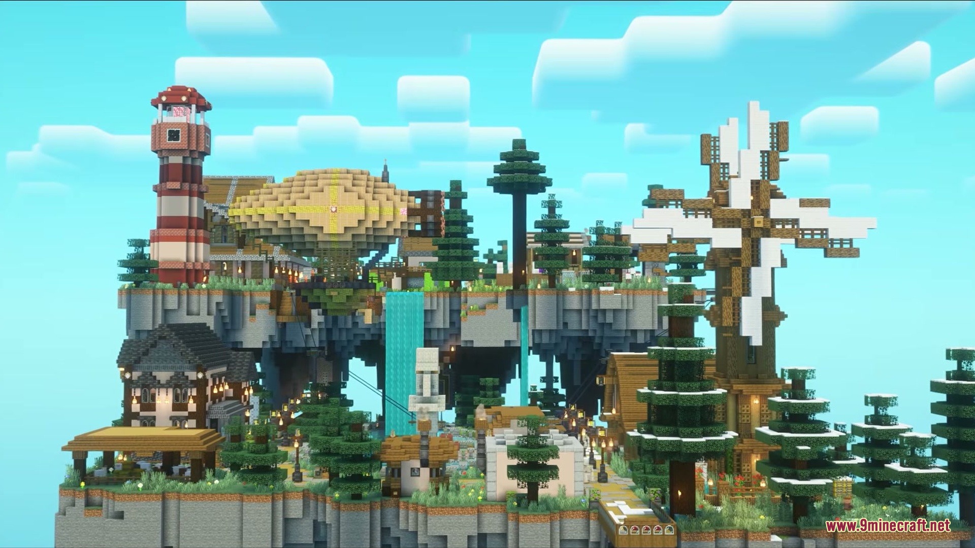 Create Sky Village Mod features floating islands with a lighthouse and windmill
