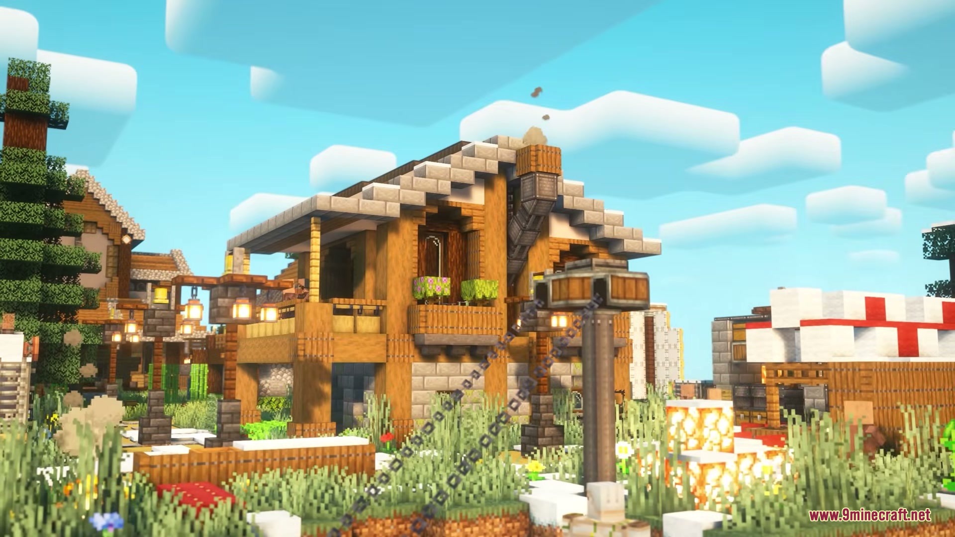 A cozy wooden house with lanterns and flowers in a sky village