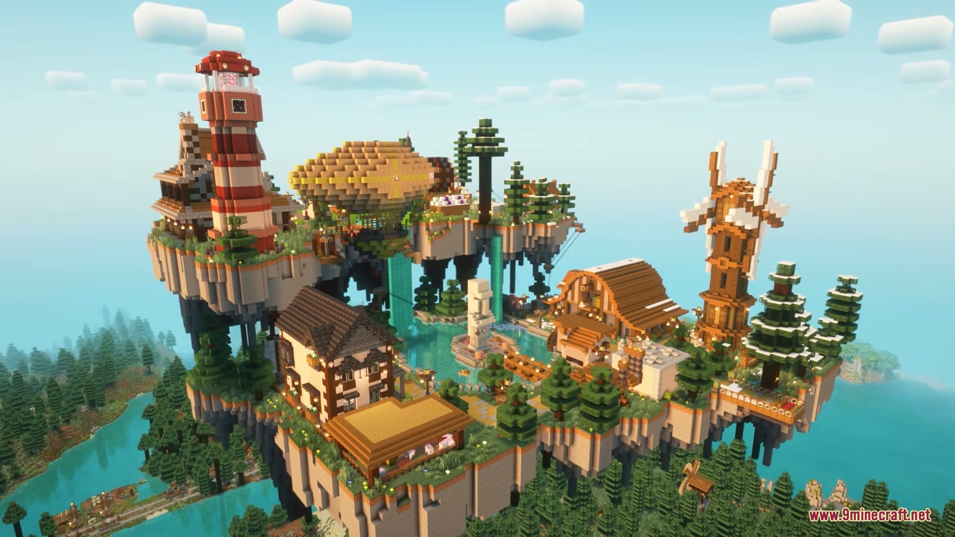 Create Sky Village Mod features a massive floating settlement with a red lighthouse