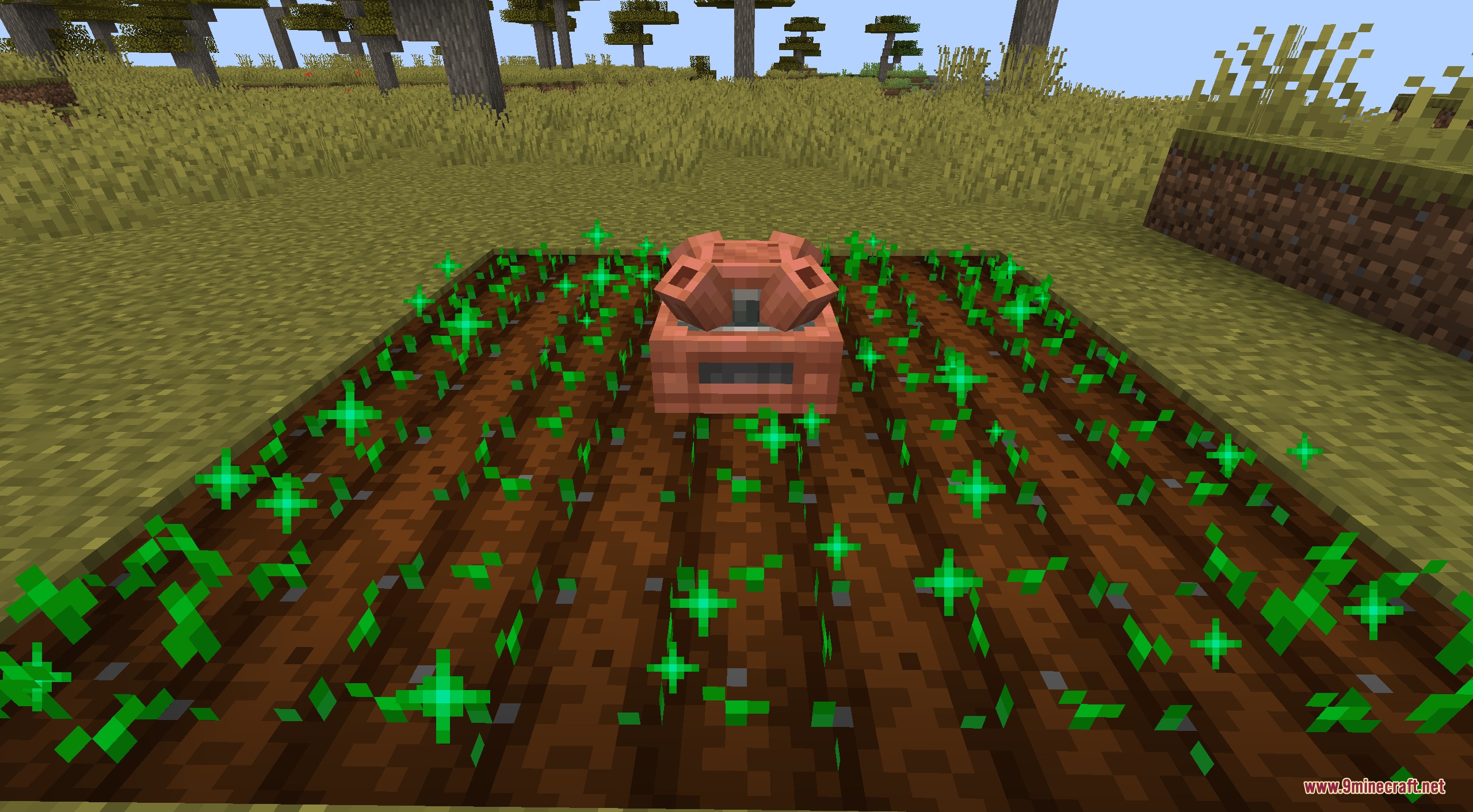 Create Solarpunk Mod Screenshot 5 Kinetic sprinkler from Create Solarpunk Mod watering crops with green growth particles