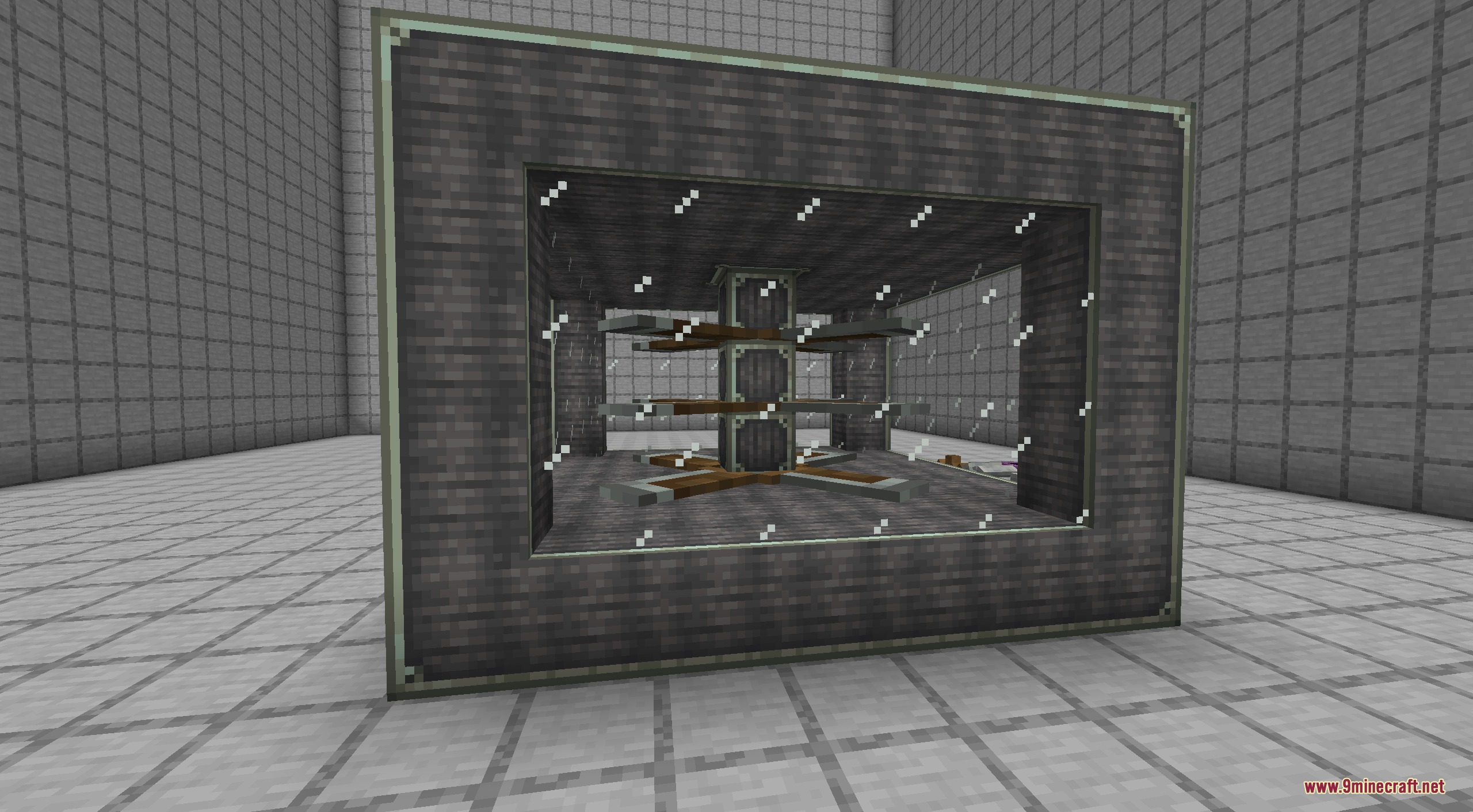 Create Solarpunk Mod Screenshot 7 Large steam turbine with metal blades housed inside a glass and stone room