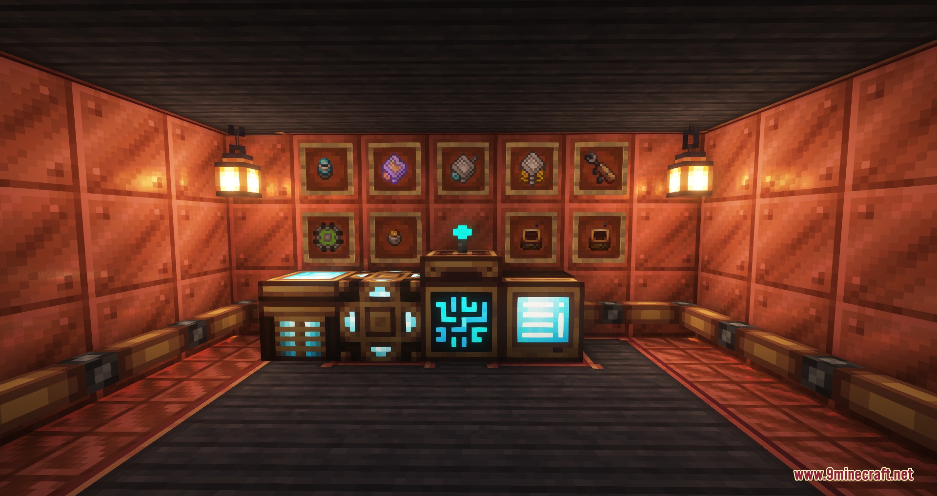 Create Style for Refined Storage Resource Pack Screenshot 3 Mechanical storage blocks with copper textures displayed in a steampunk themed room