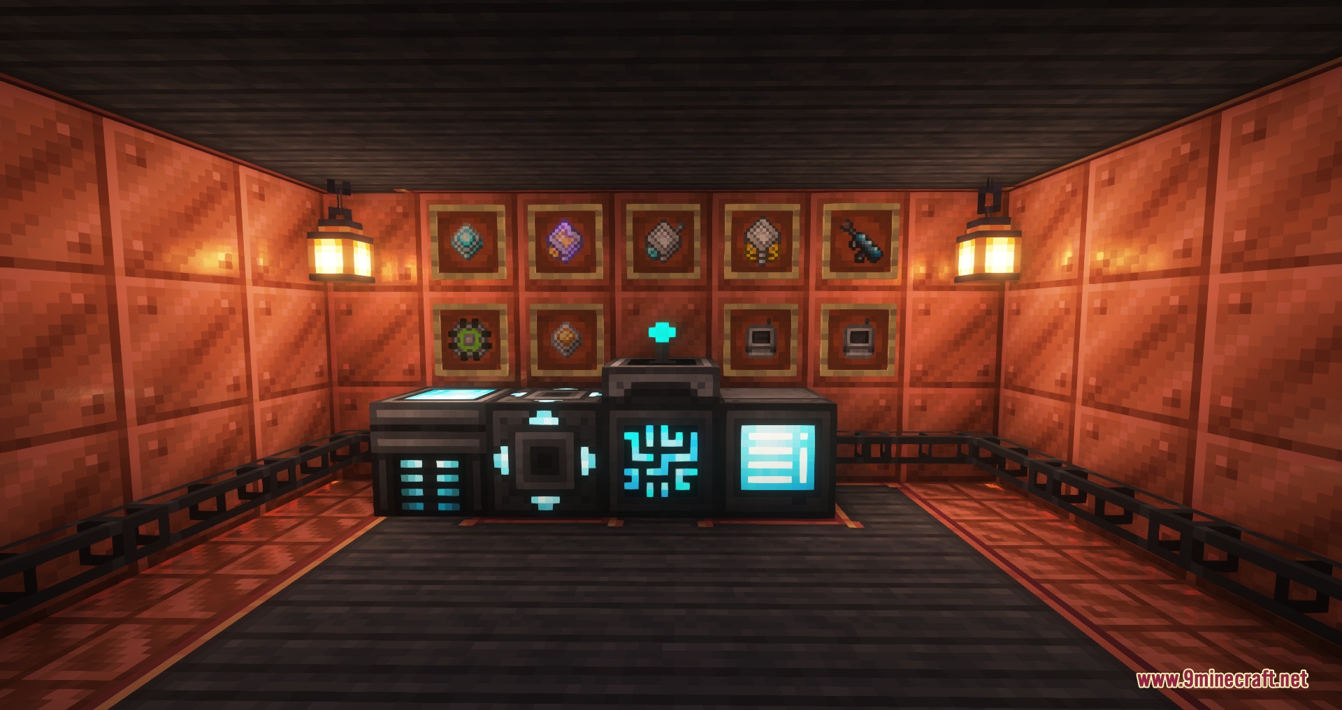 Create Style for Refined Storage Resource Pack Screenshot 4 Steampunk storage network with copper blocks and mechanical cables along the walls