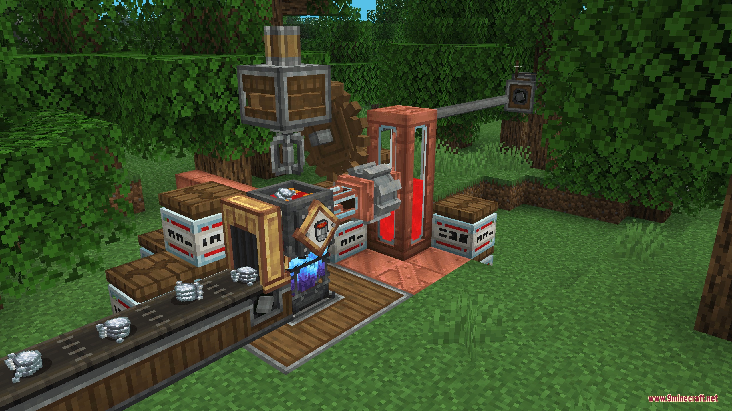 A factory line with a soul blaze burner processing items in a forest