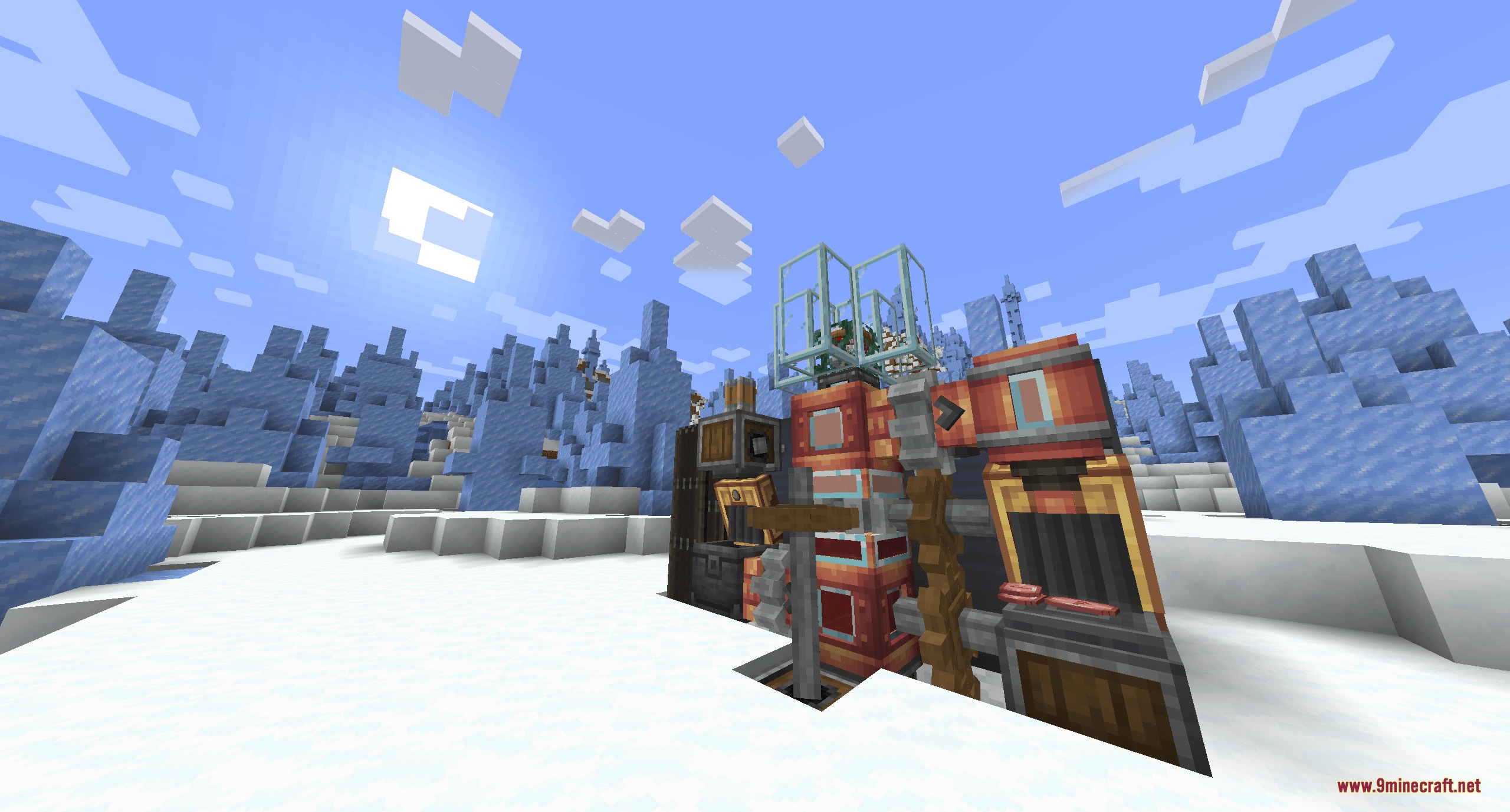 Mechanical factory machines built in a snowy biome with large ice spikes