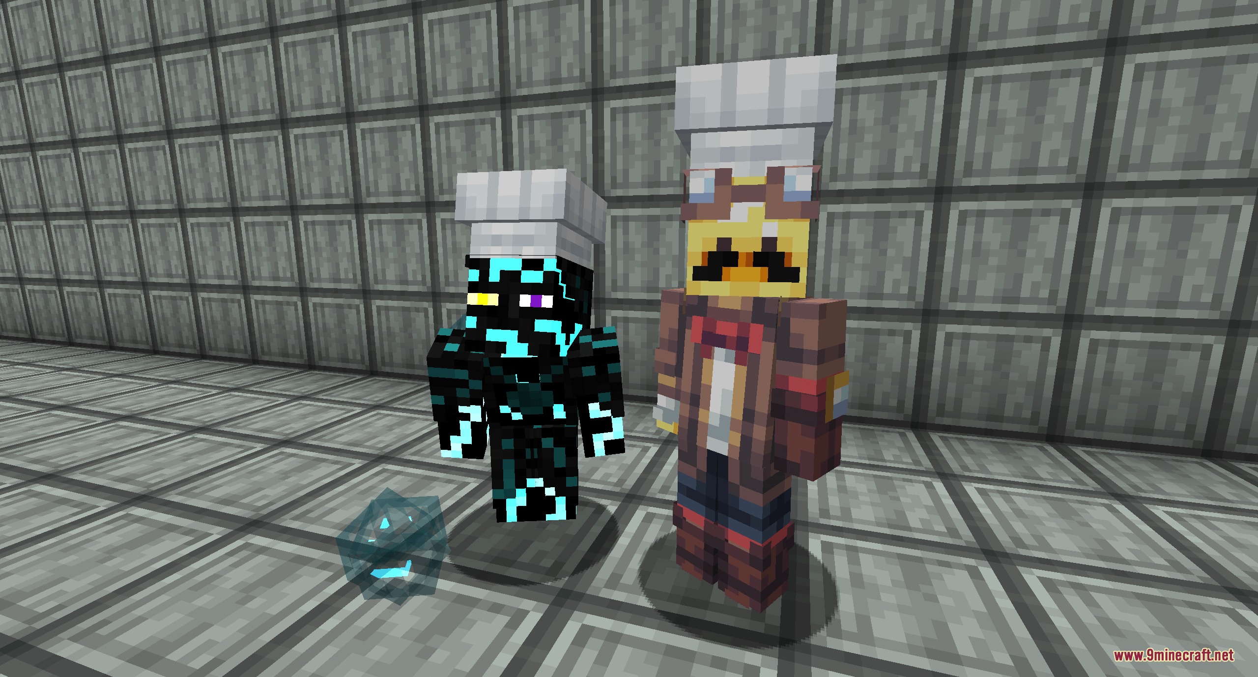 Two Minecraft characters wearing chef hats stand in a room with metal walls