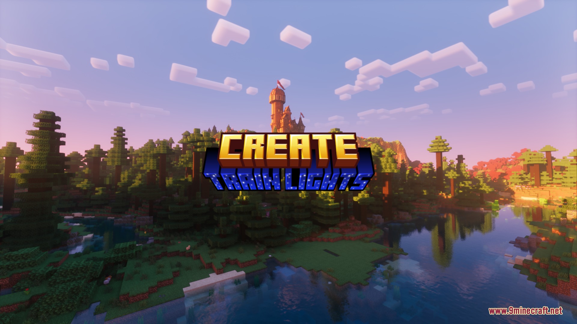 Create Train Lights Mod Screenshot 1 Create Train Lights mod title over a scenic Minecraft landscape with a castle