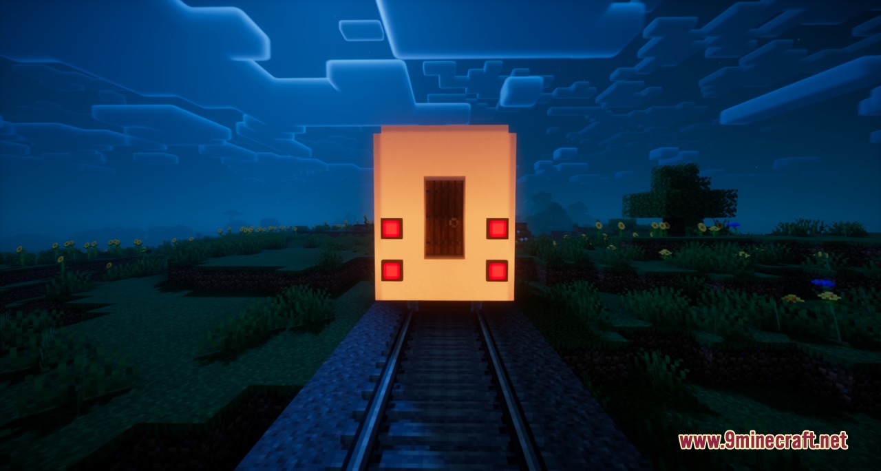 Create Train Lights Mod Screenshot 3 A Minecraft train with glowing red tail lights on tracks at night
