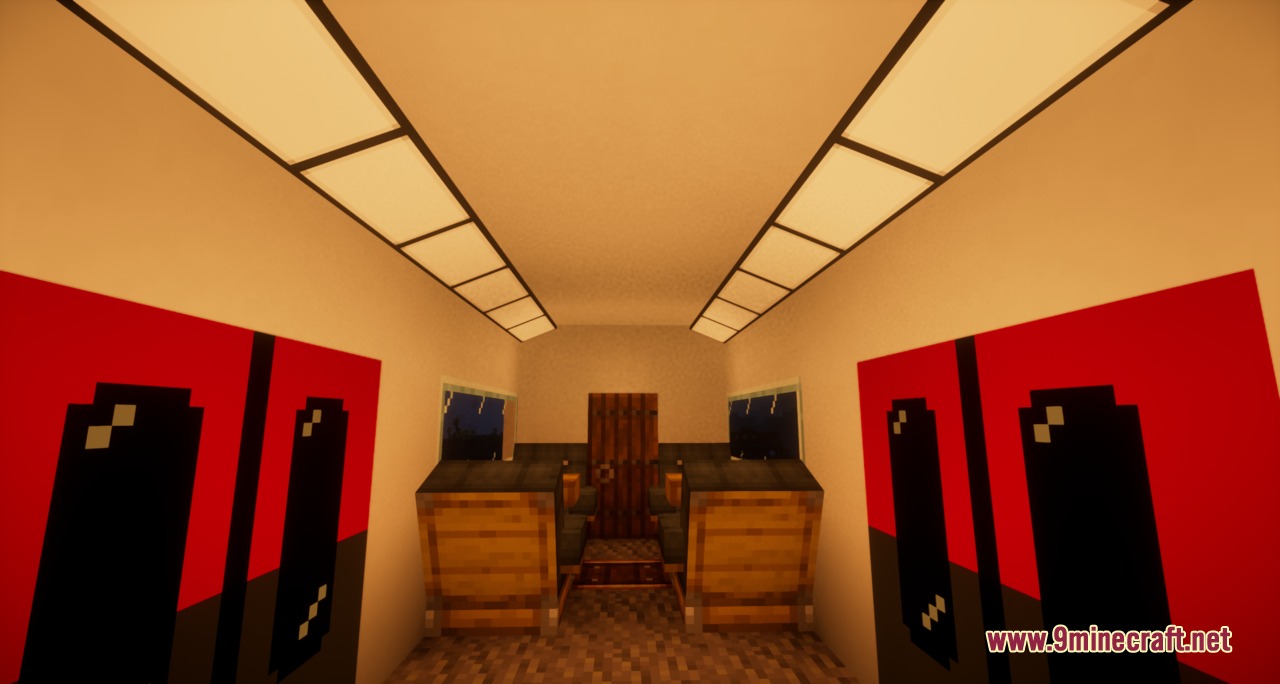 Create Train Lights Mod Screenshot 5 A train cabin featuring two rows of bright rectangular interior ceiling lamps