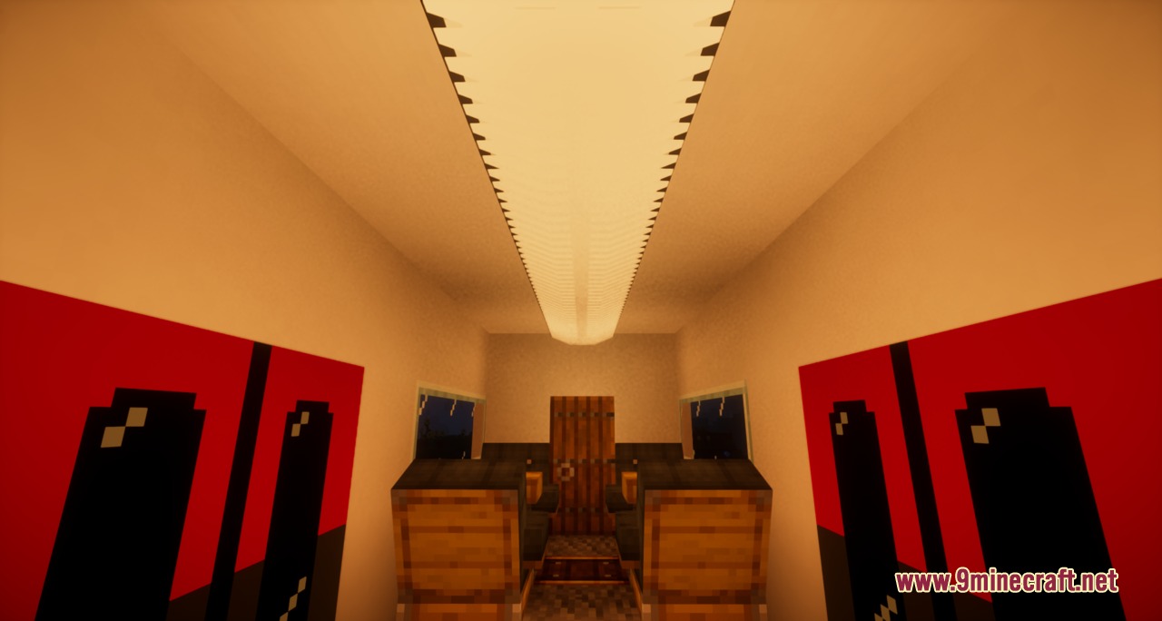 Create Train Lights Mod Screenshot 6 A train cabin featuring a single continuous strip of light on the ceiling