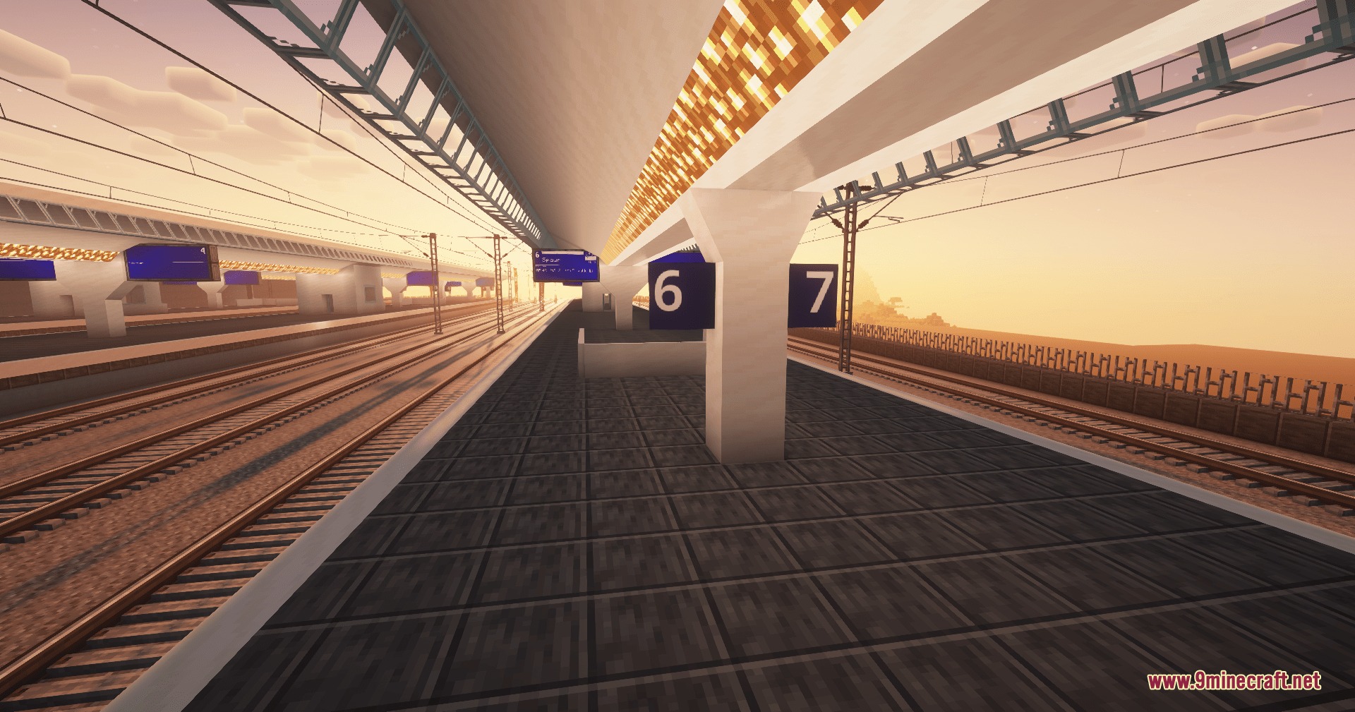 Create Train Utilities Create Train Doors Mod Screenshot 1 Modern train station platform featuring numbered signs and tracks at sunset