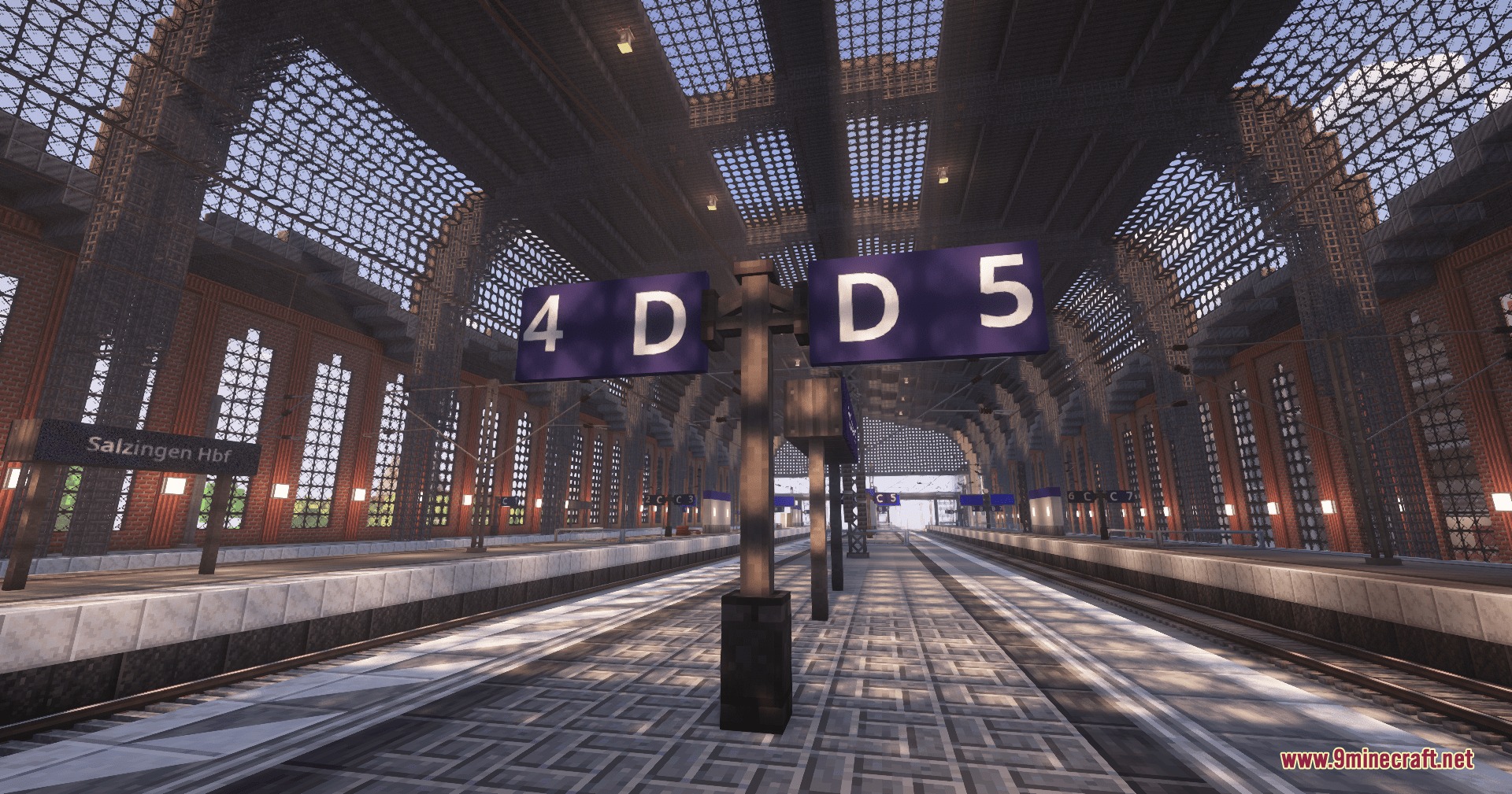Create Train Utilities Create Train Doors Mod Screenshot 2 Grand railway station interior with high arched glass ceilings and platform signs