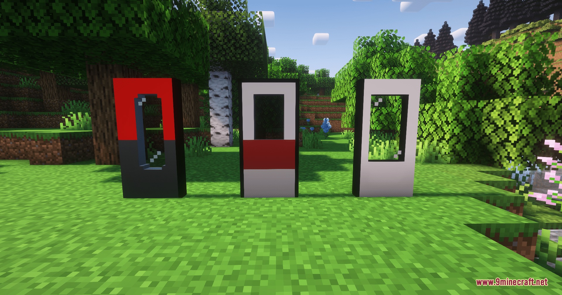 Create Train Utilities Create Train Doors Mod Screenshot 3 Three colorful sliding doors from Create Train Doors Mod on the grass