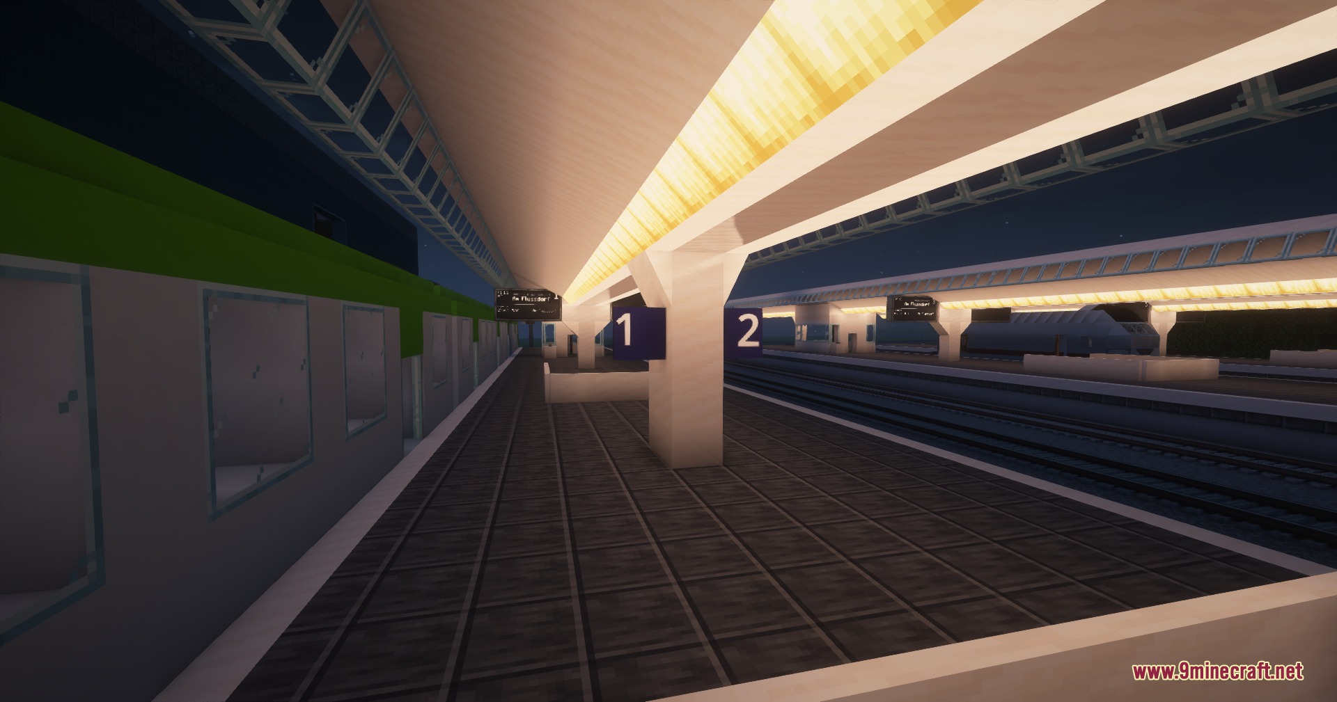 Create Train Utilities Create Train Doors Mod Screenshot 5 A train station platform at night featuring custom platform blocks and overhead lighting