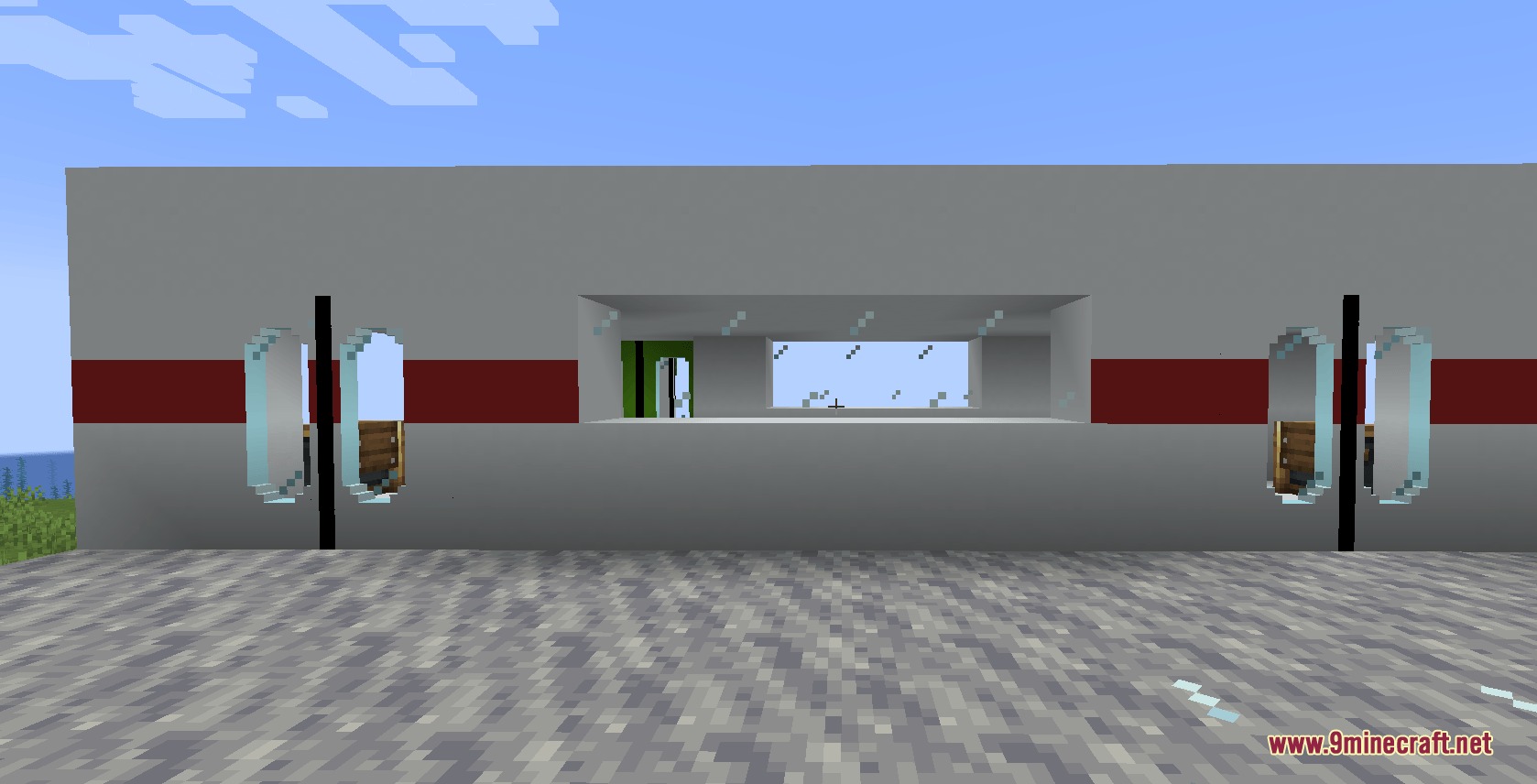 Create Train Utilities Create Train Doors Mod Screenshot 6 Side view of a train carriage wall with custom sliding glass doors installed