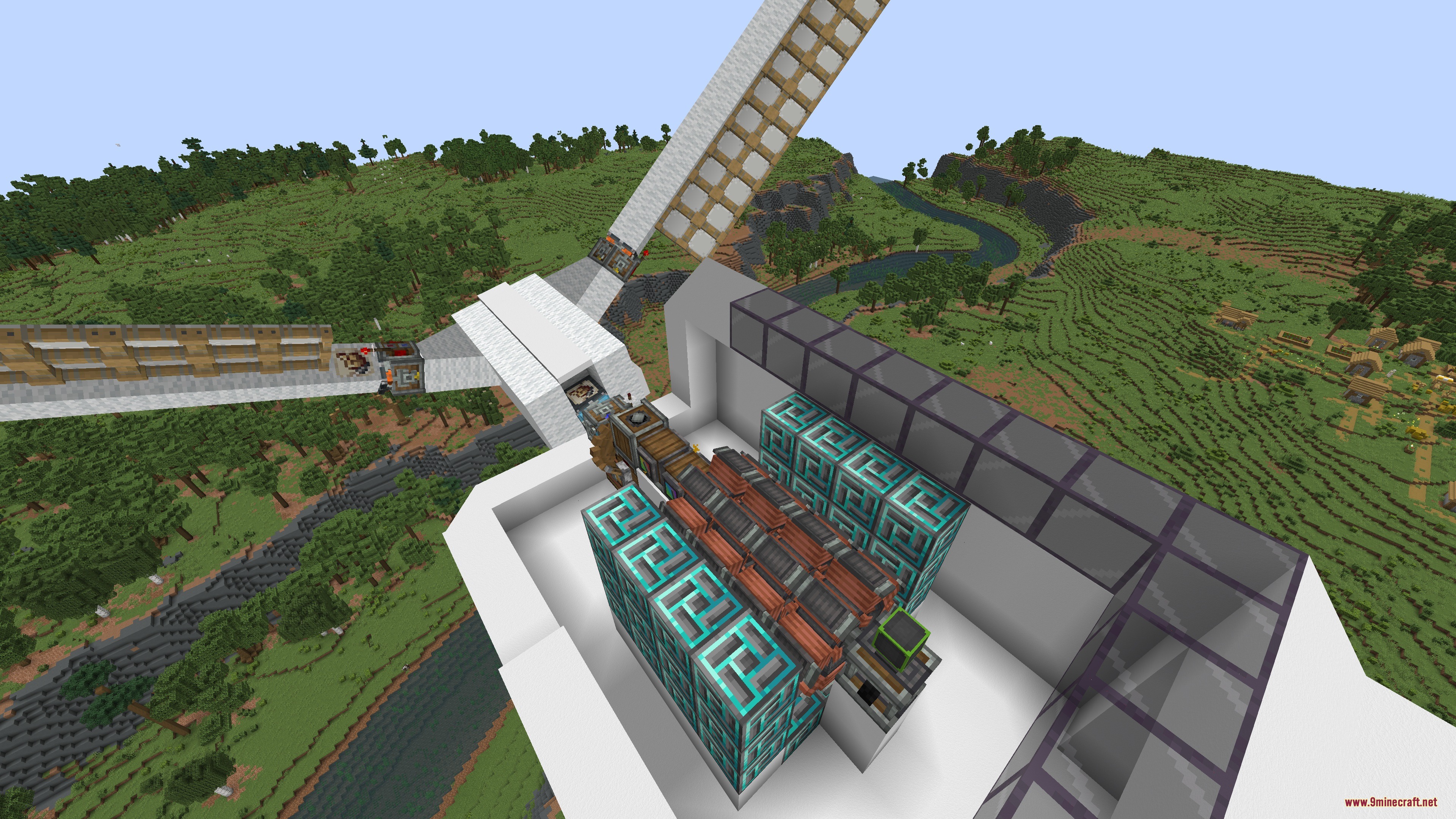 Create Twistermill VS Sable Mod Screenshot 4 A custom windmill turbine connected to machinery on top of a white building