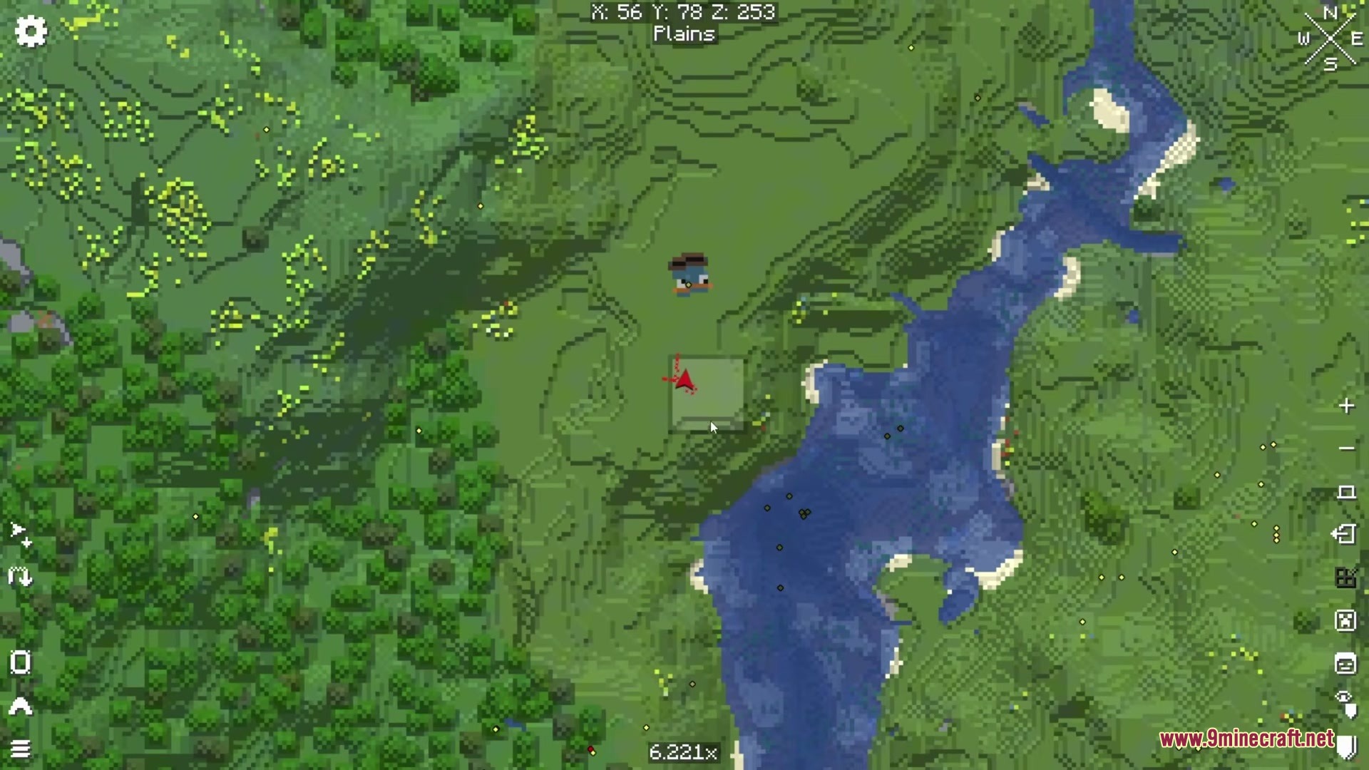 Xaero World Map displaying a custom vehicle icon over the Minecraft terrain