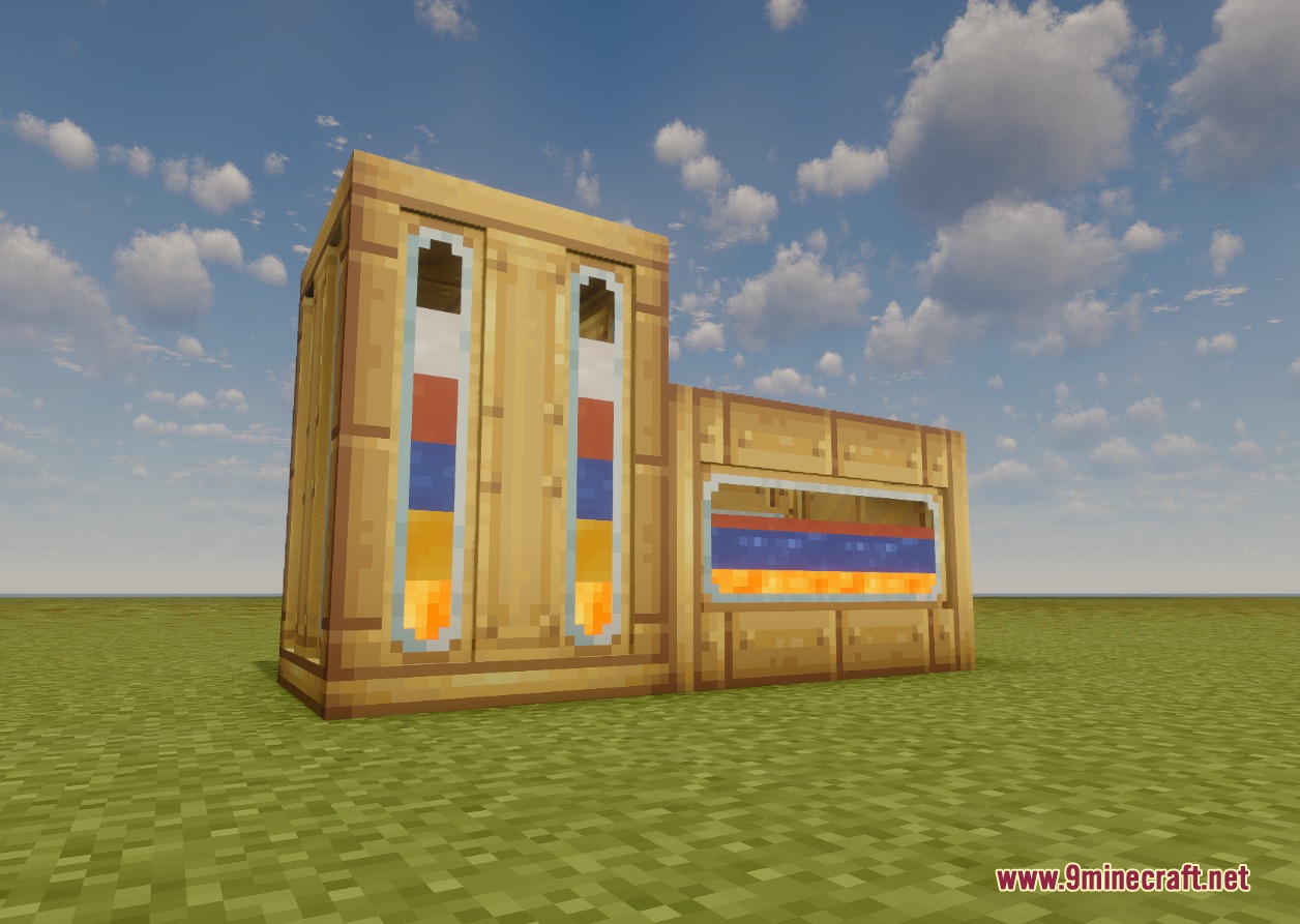 Createfluidlogistic Mod Screenshot 3 Vertical and horizontal multi fluid tanks storing colorful liquids in a field