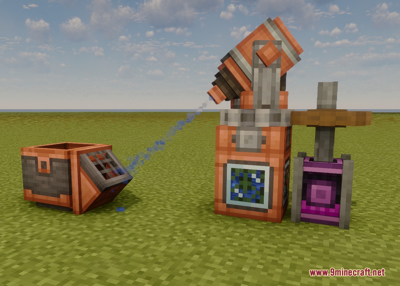 Createfluidlogistic Mod Screenshot 4 A mechanical fluid gun shooting blue liquid into a packager machine