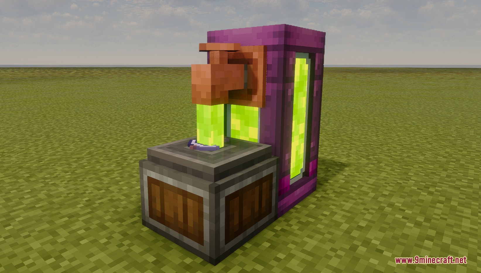 Createfluidlogistic Mod Screenshot 5 A copper faucet pouring green liquid from a purple tank into a block