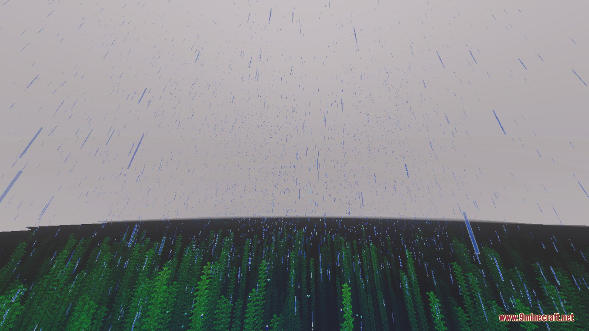 Heavy rain falling over a Minecraft ocean filled with tall green kelp