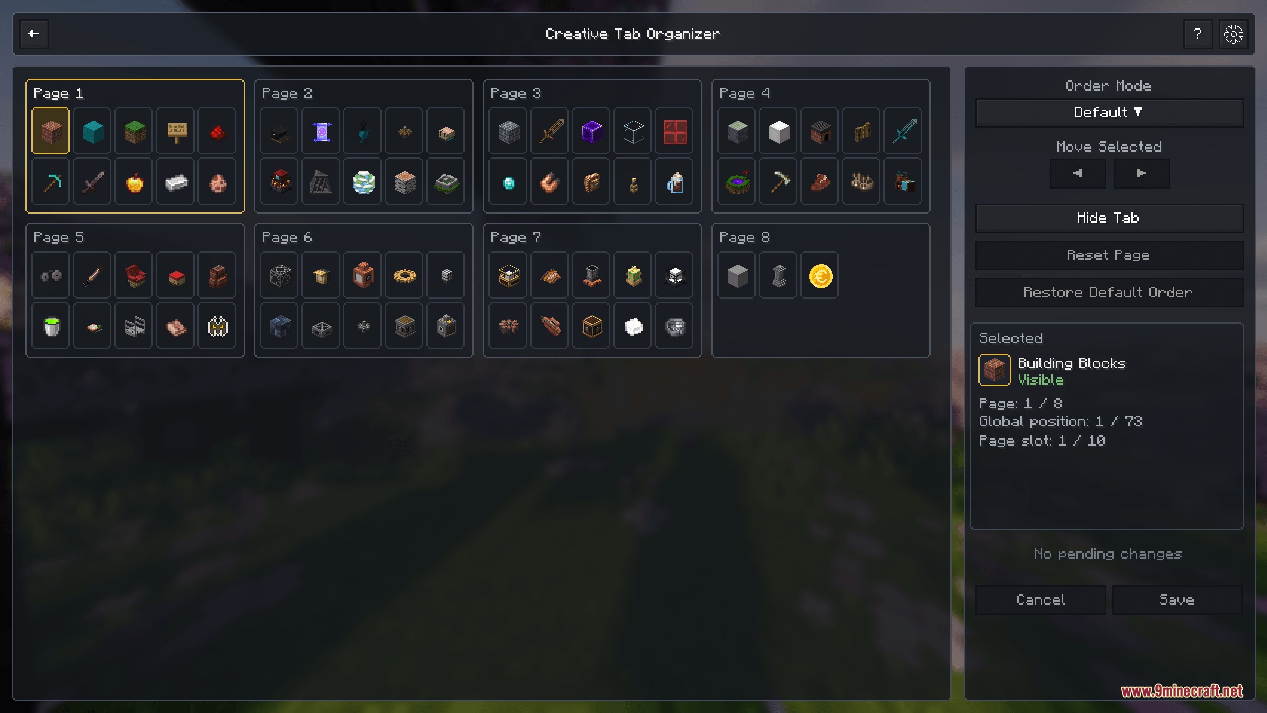 Creative Tab Organizer Mod Screenshot 1 The Creative Tab Organizer interface displaying various item categories across eight pages