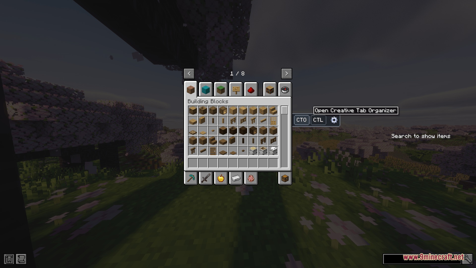 Creative Tab Organizer Mod Screenshot 2 Player viewing the creative inventory with new buttons for organizing item tabs