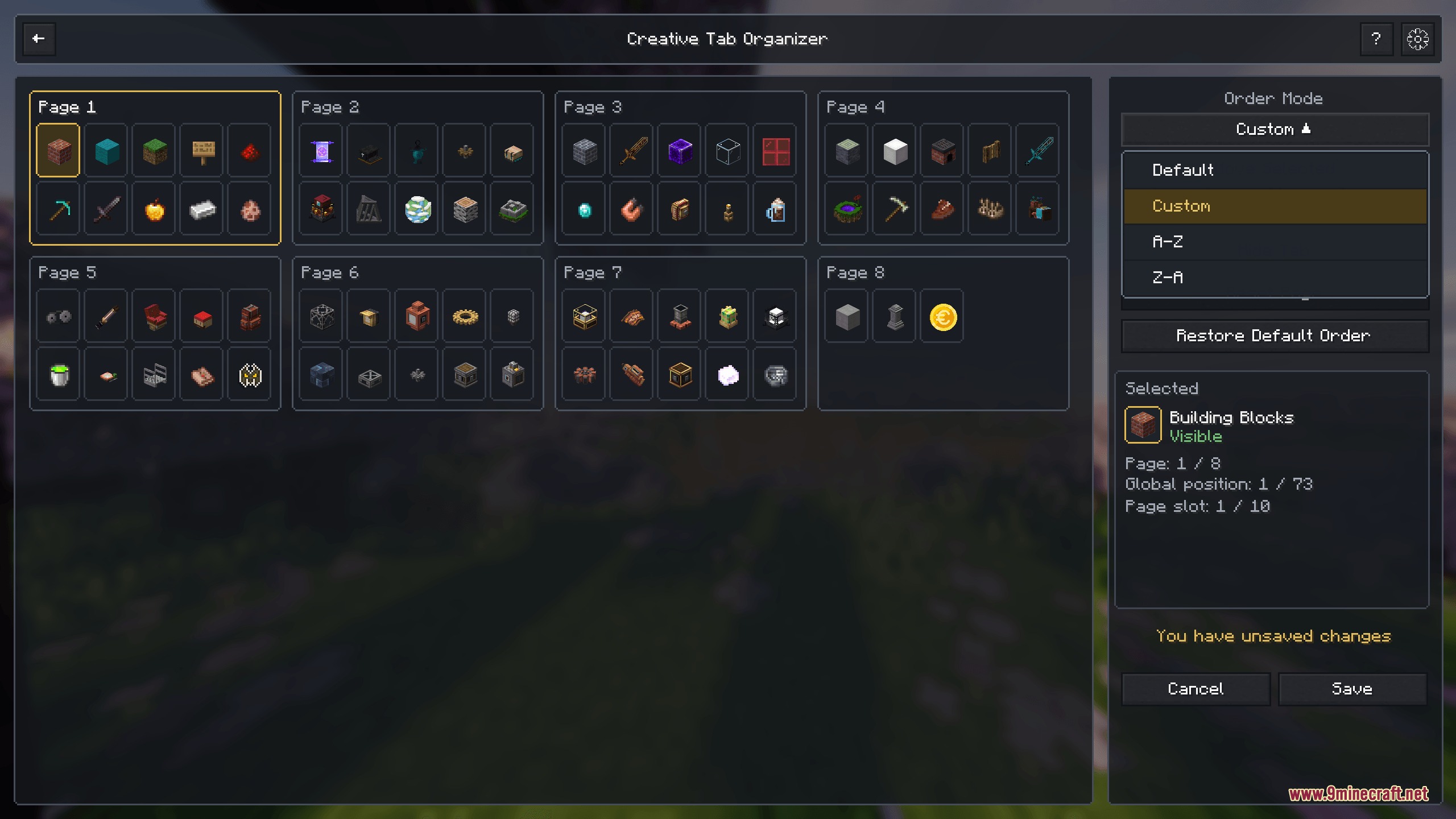 Creative Tab Organizer Mod Screenshot 3 The Creative Tab Organizer interface displaying various item categories across multiple pages
