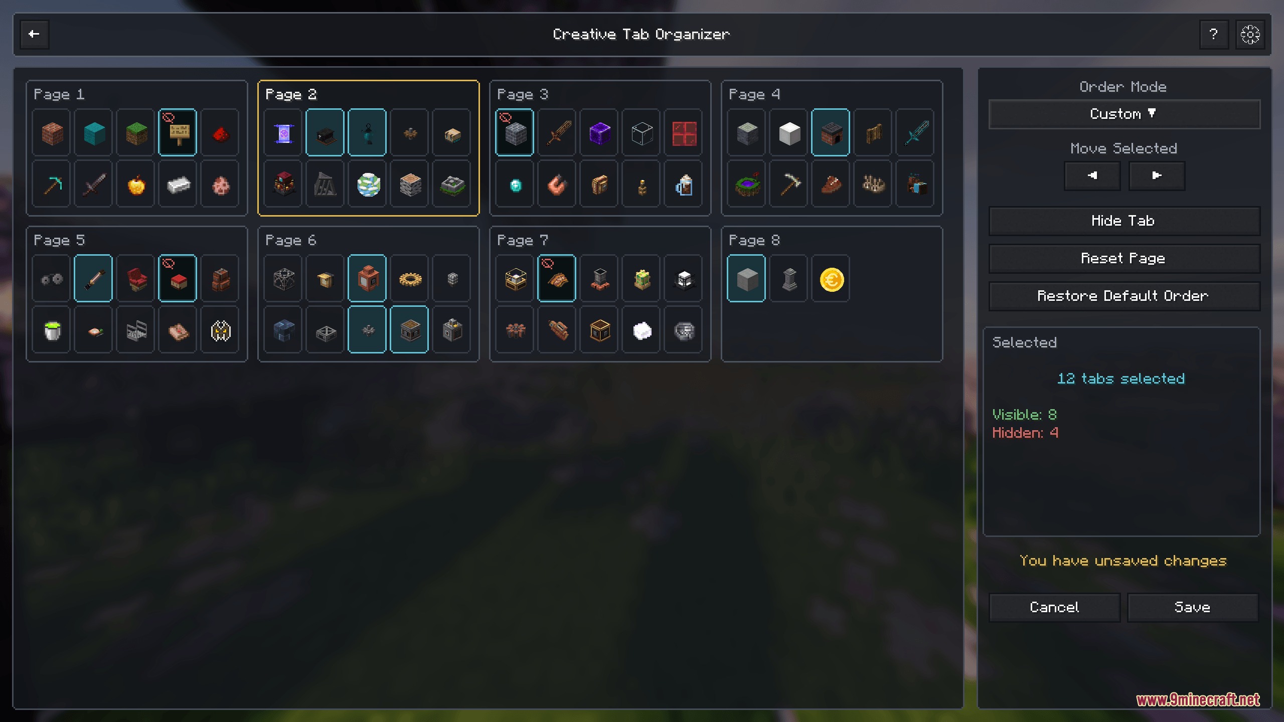 Creative Tab Organizer Mod Screenshot 4 Selecting multiple item tabs in the organizer menu to move or hide them