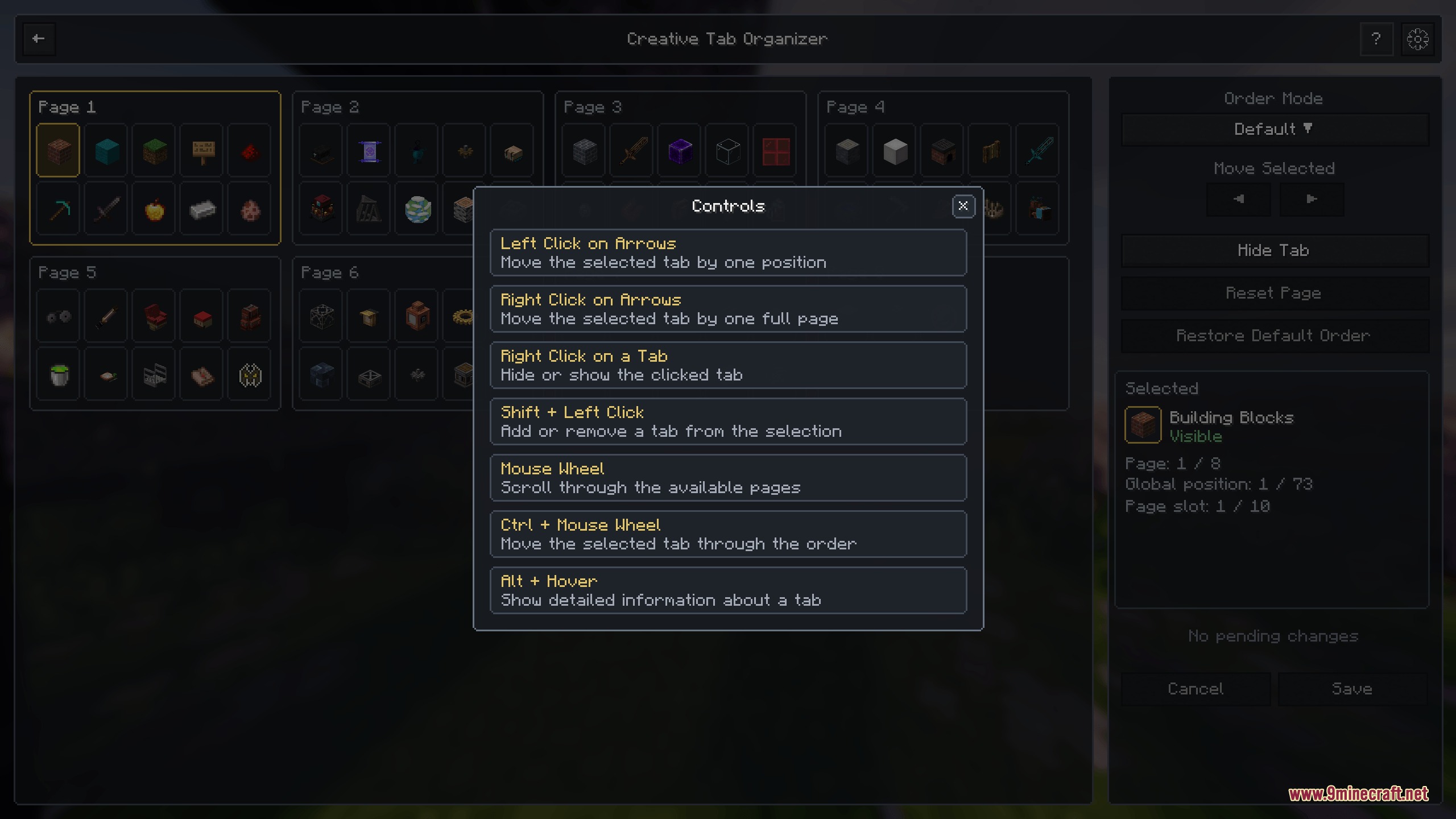 Creative Tab Organizer Mod Screenshot 6 A help menu lists mouse and keyboard shortcuts for the sorting interface