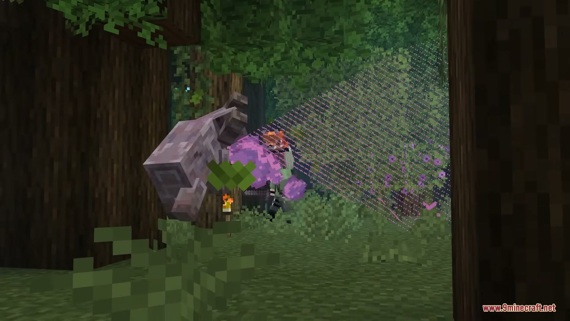 A mysterious purple monster stands in a dark forest emitting a light beam