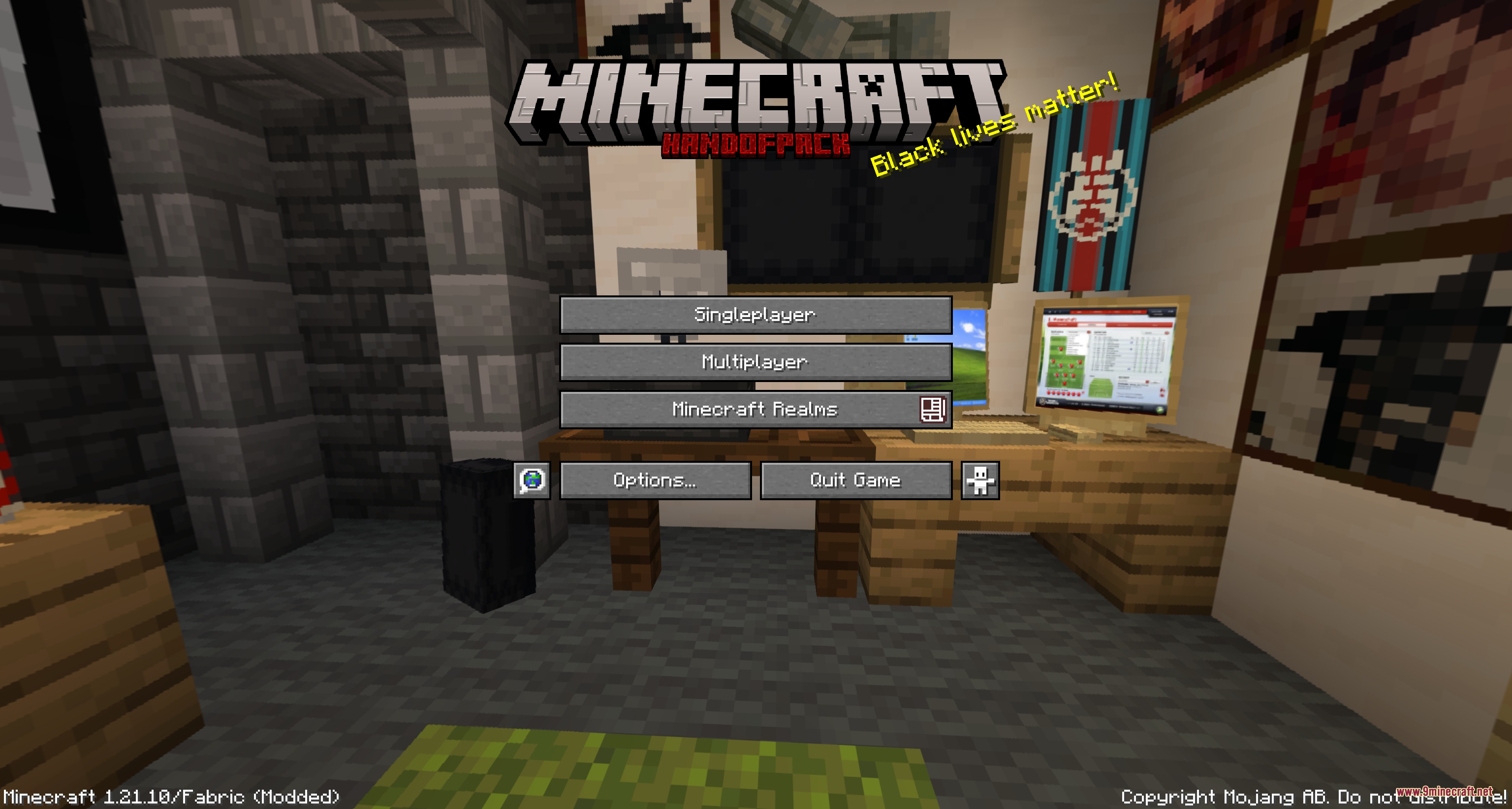 Crimson Fist Legacy Resource Pack Screenshot 1 Minecraft main menu screen featuring a custom studio layout with posters and computer